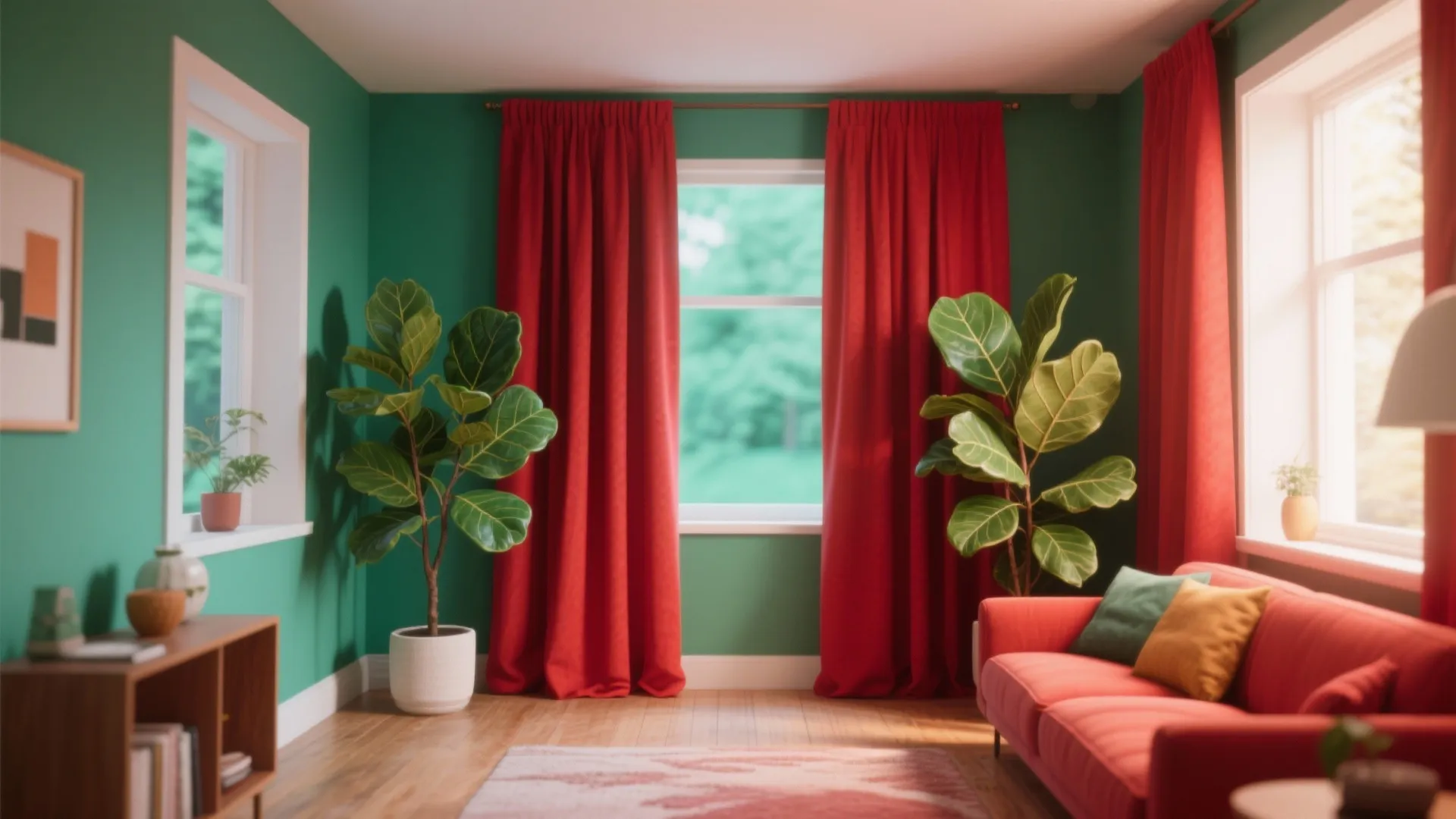 Mixing red curtains with plants