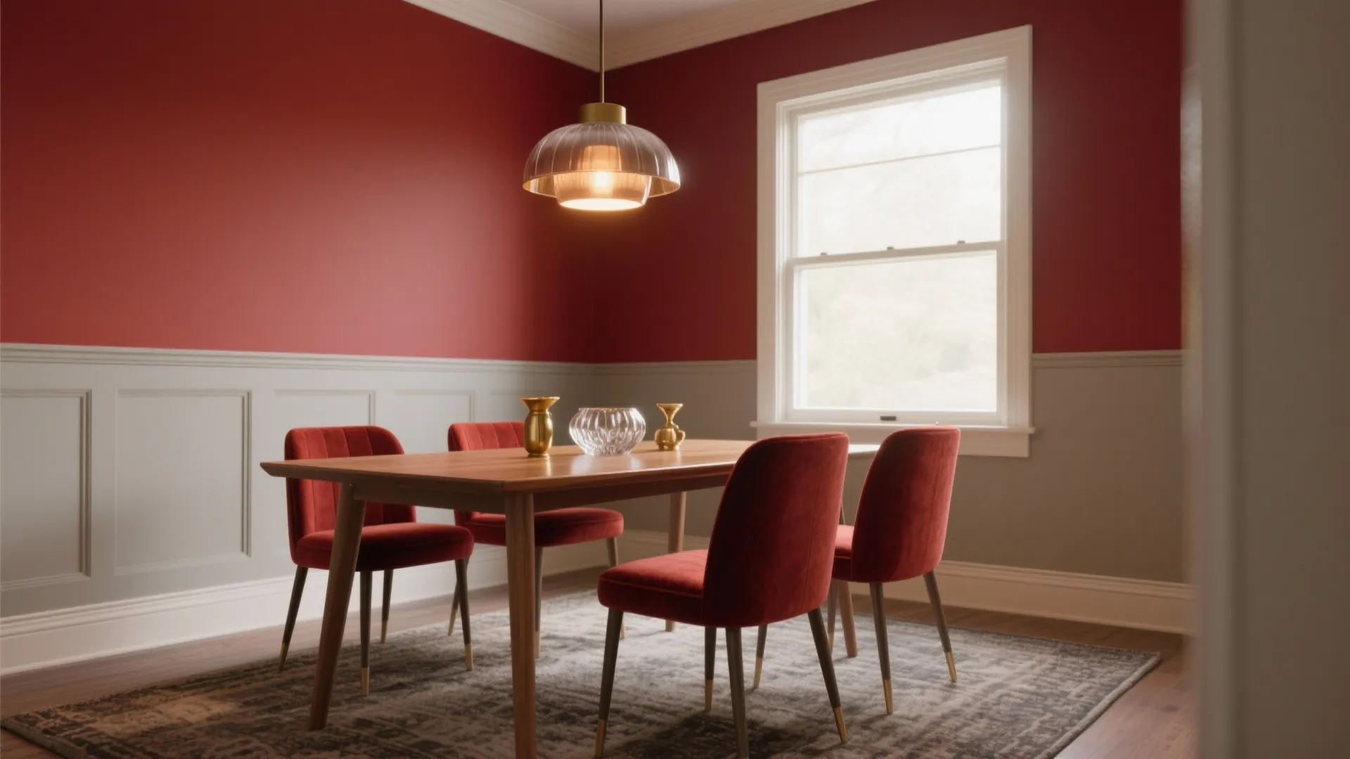 Dining space featuring red walls with grey wall panel, wooden table, red chairs, and window