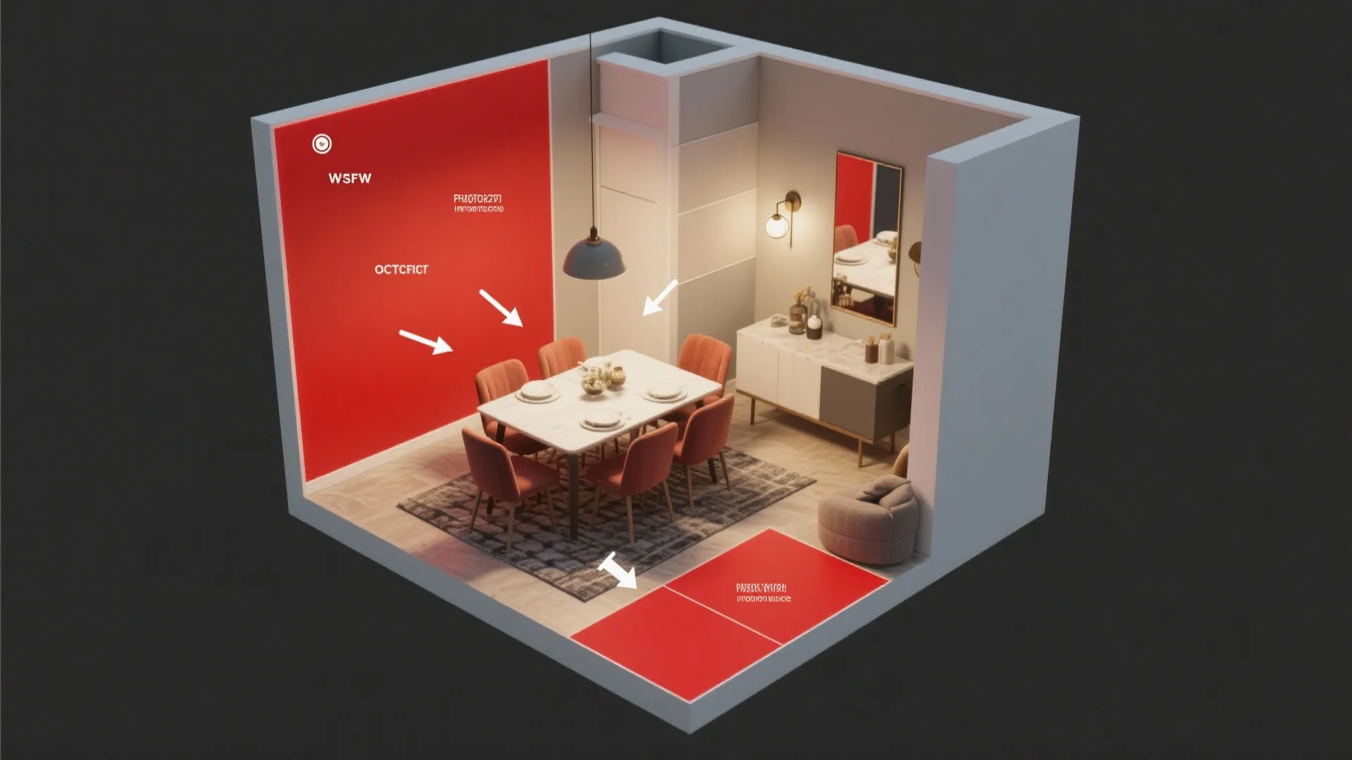Interior design drawing of a dining room with red walls and a white dining table