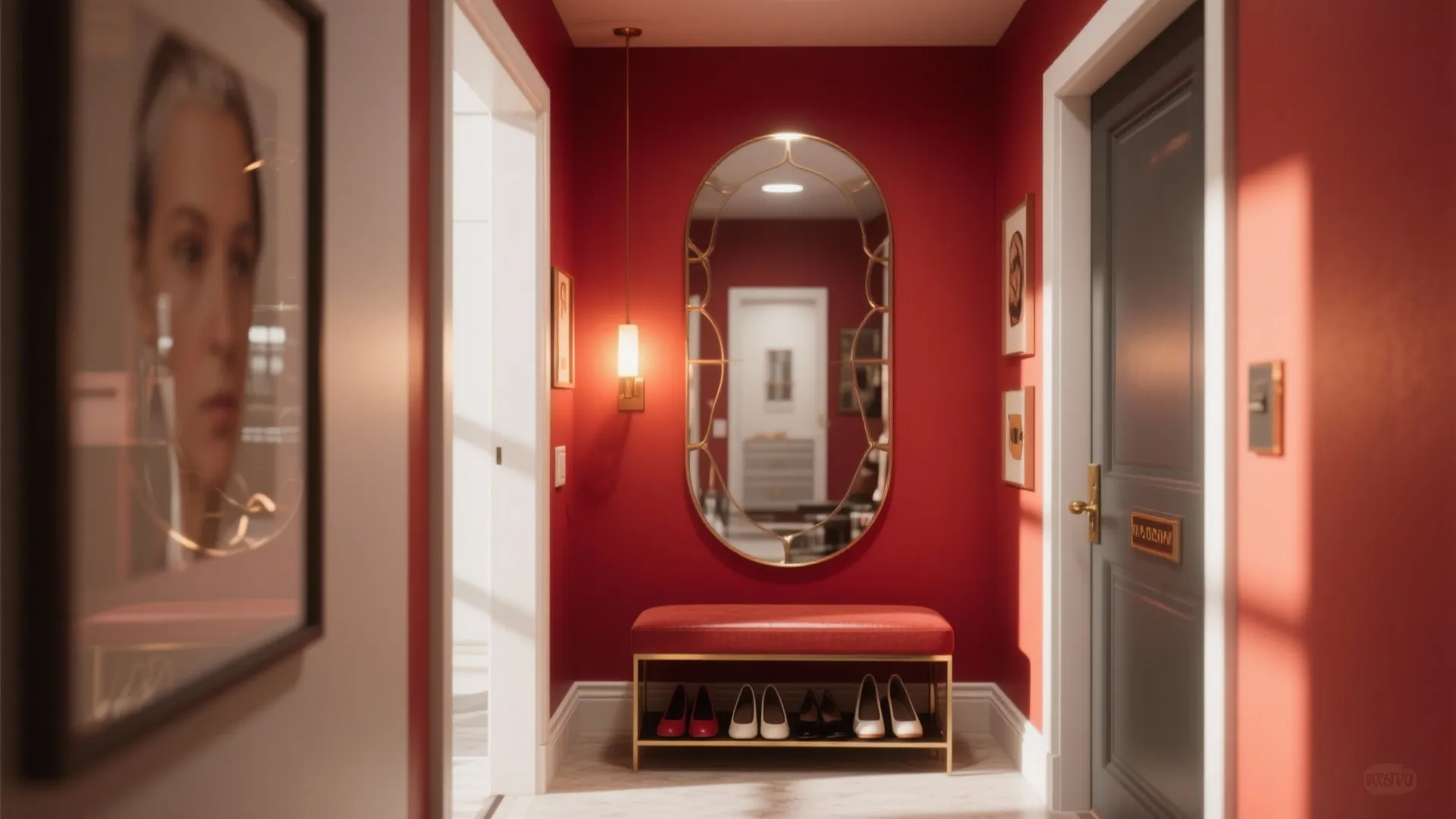 Entryway with red walls a large gold mirror wall light and bench for shoe storage