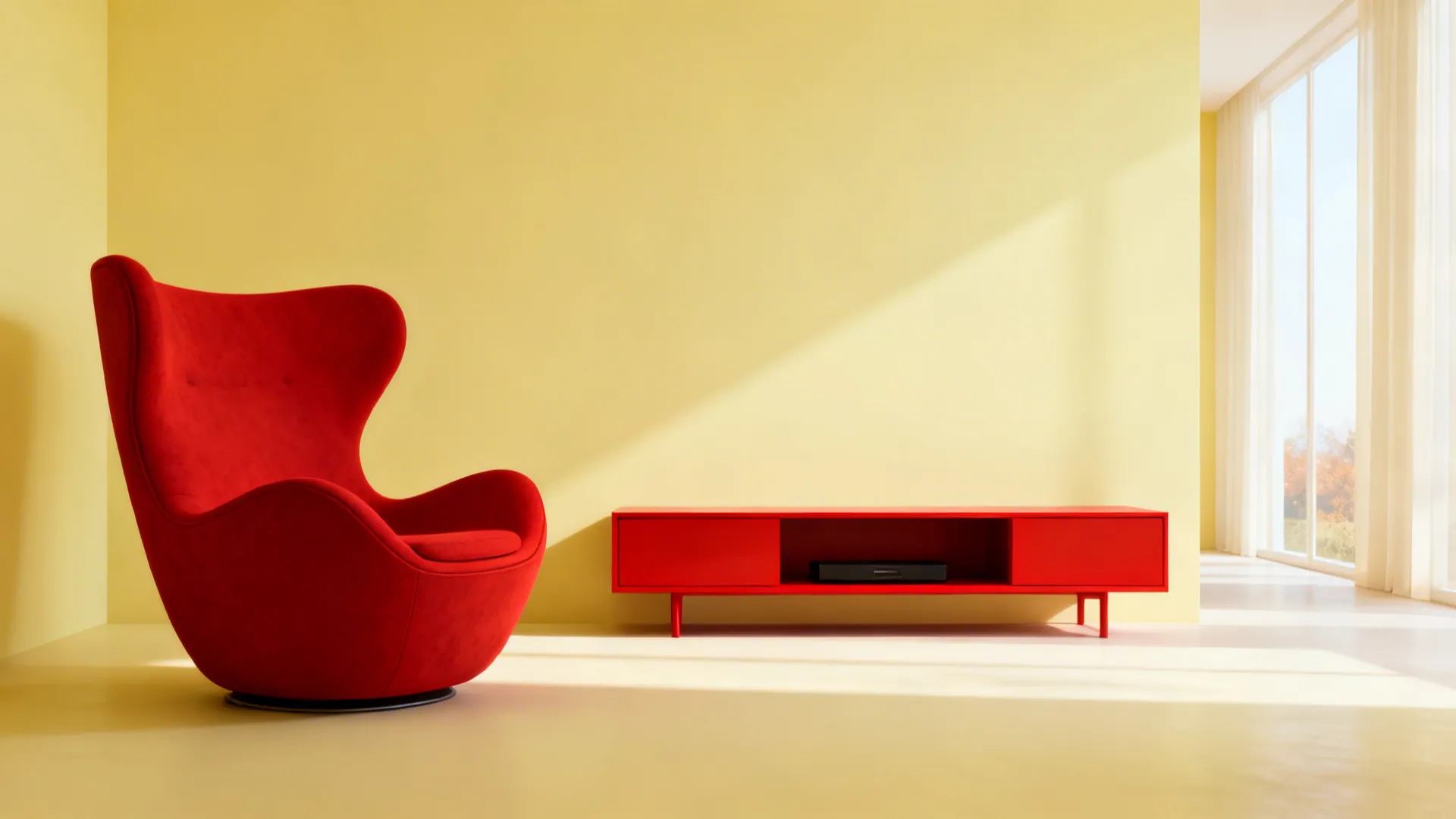 Pale yellow walls with a bold red armchair and red media console as statement pieces.