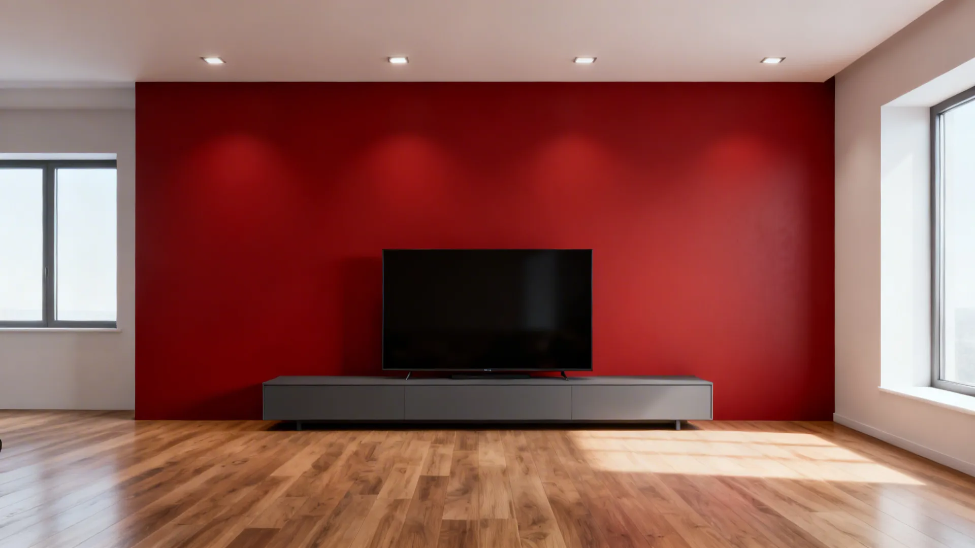 2. Red Feature Wall Behind a Minimal Gray Media Unit