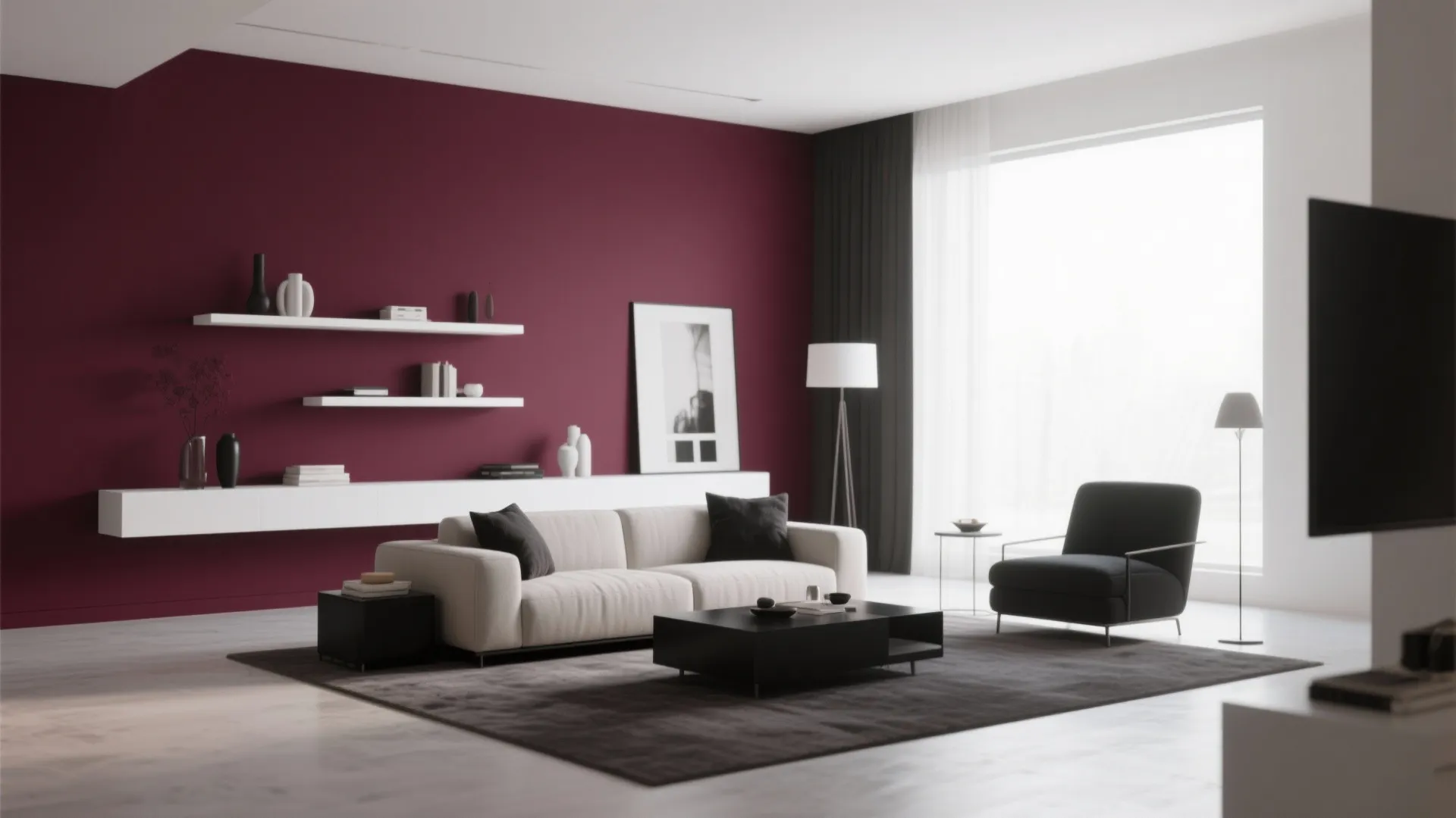 Modern living room featuring a dark red wall white sofa black coffee table and shelves