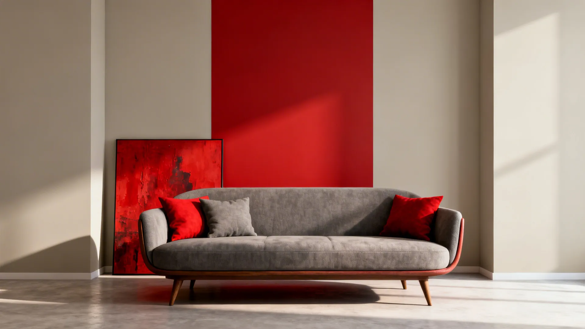 Living room with three soft greige walls and one bold red feature wall behind the seating area.