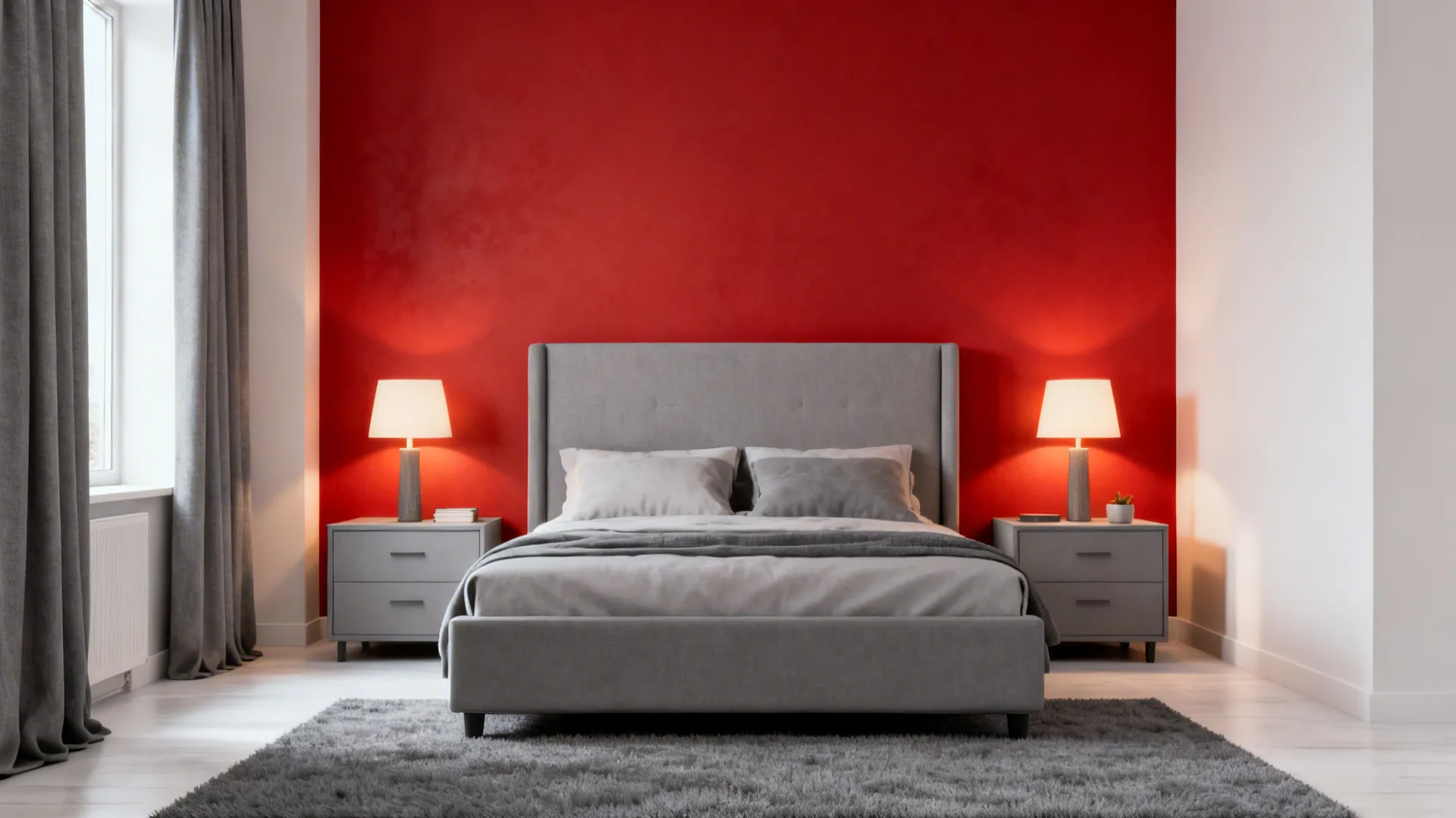 Bedroom with a single red feature wall and soft grey furnishings