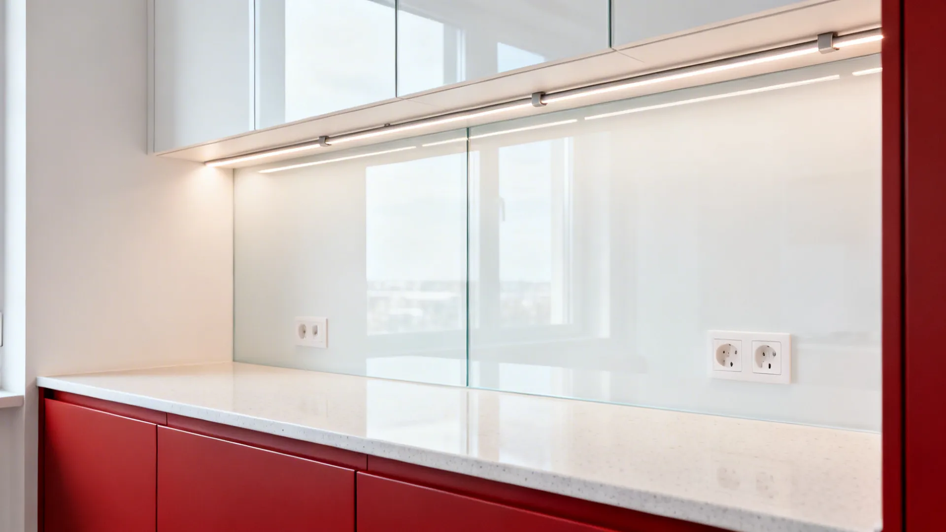 Small kitchen with matte red lowers and seamless white glass backsplash glowing under LEDs