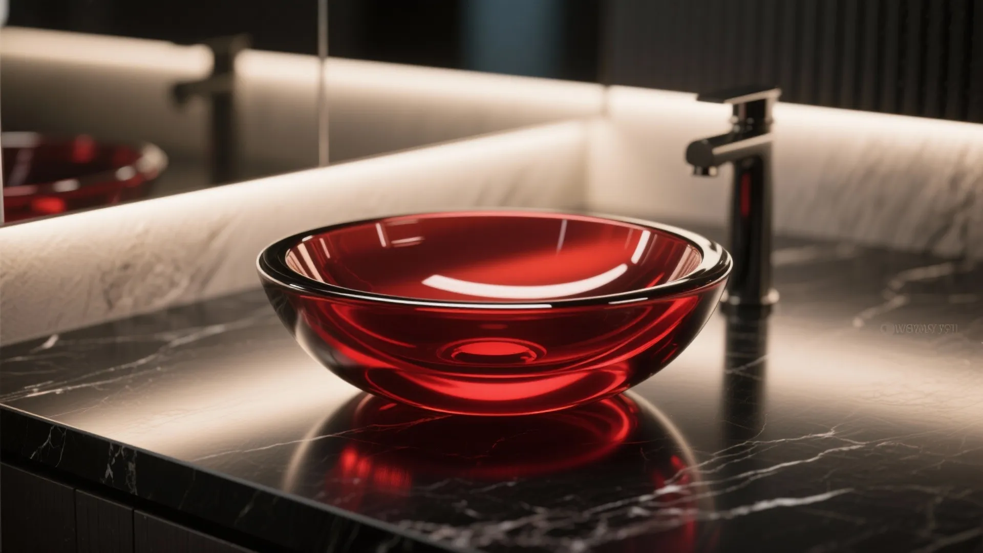Modern bathroom featuring a round red glass wash basin on a black marble vanity top