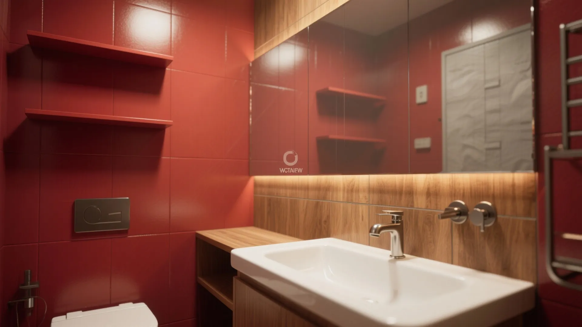 Mixed Materials: Glass, Metal, and Wood with Red Accents