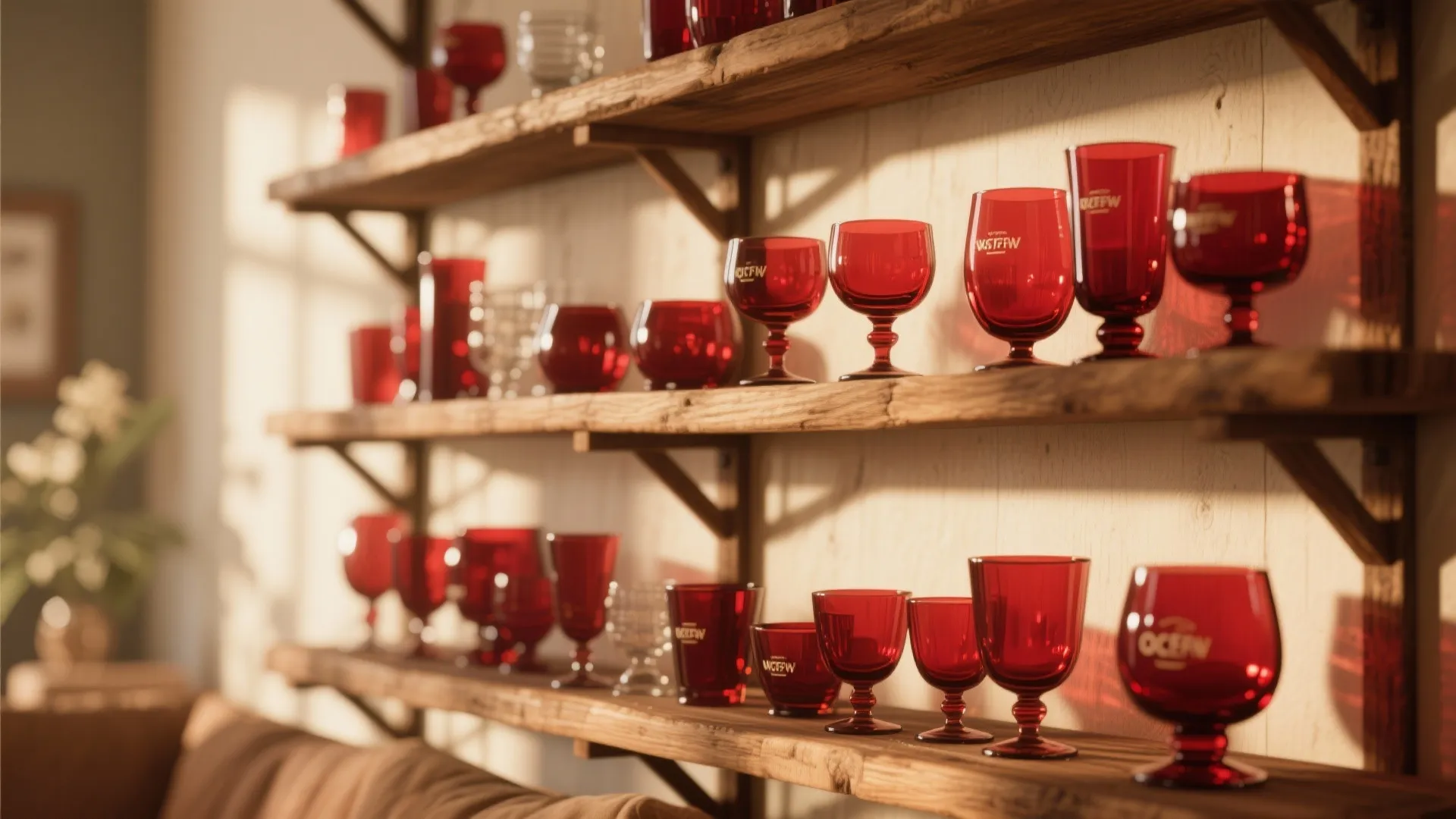 Rustic wooden shelves with deep red glassware displayed