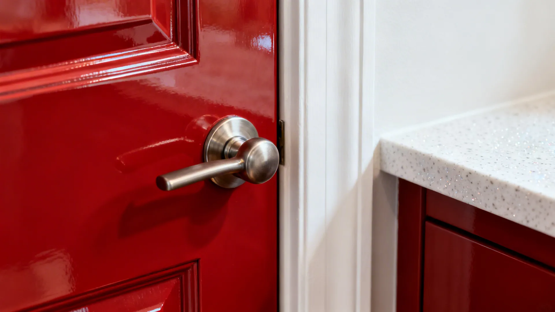 Glossy Red Cabinets with Matte White Walls