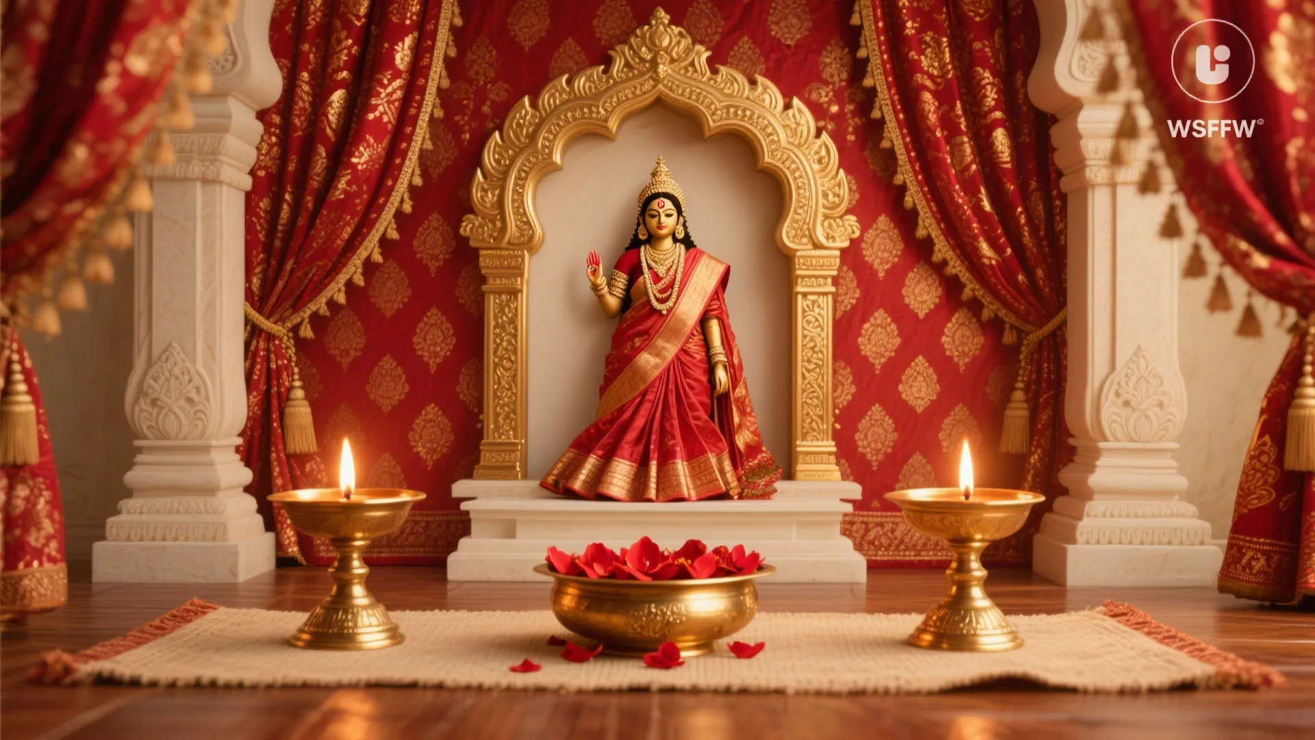 Gold–red layers with heritage textiles and brass