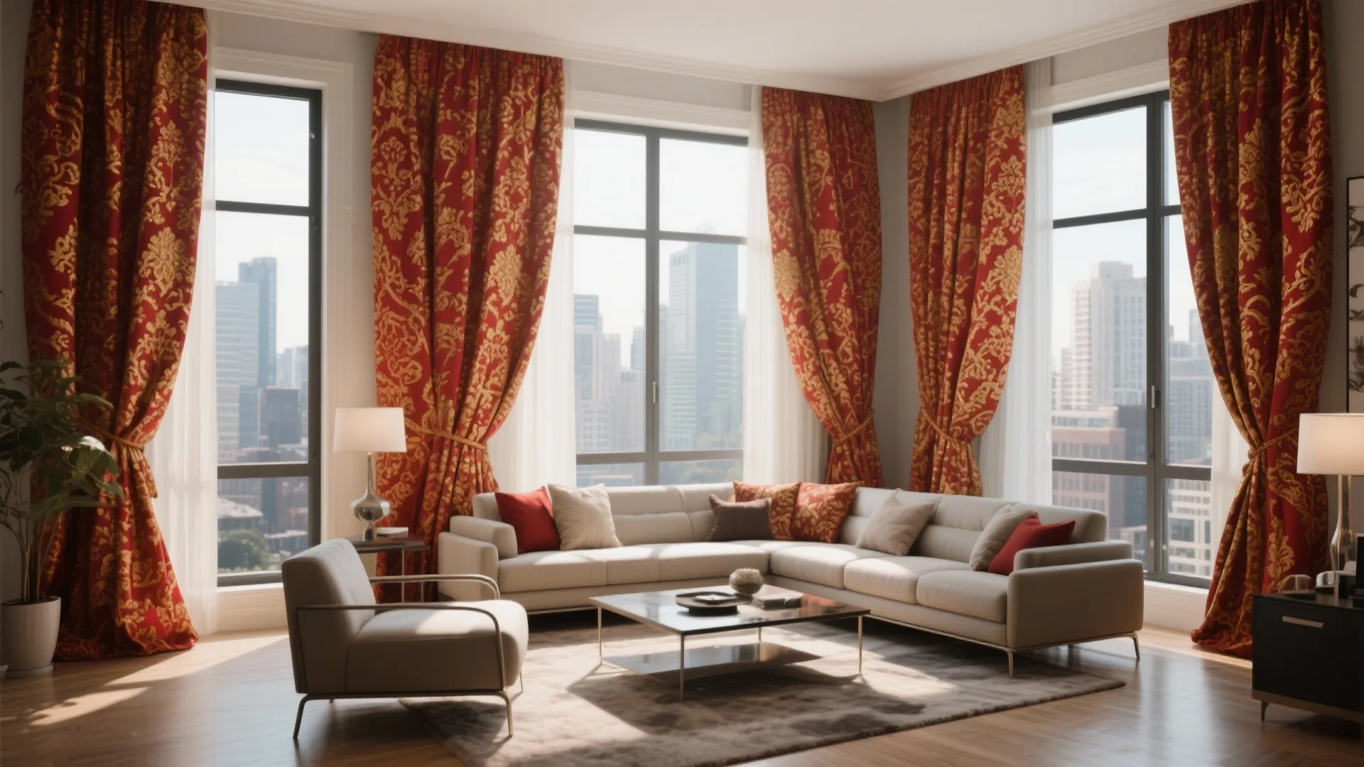 3. Red and Gold Patterned Curtains