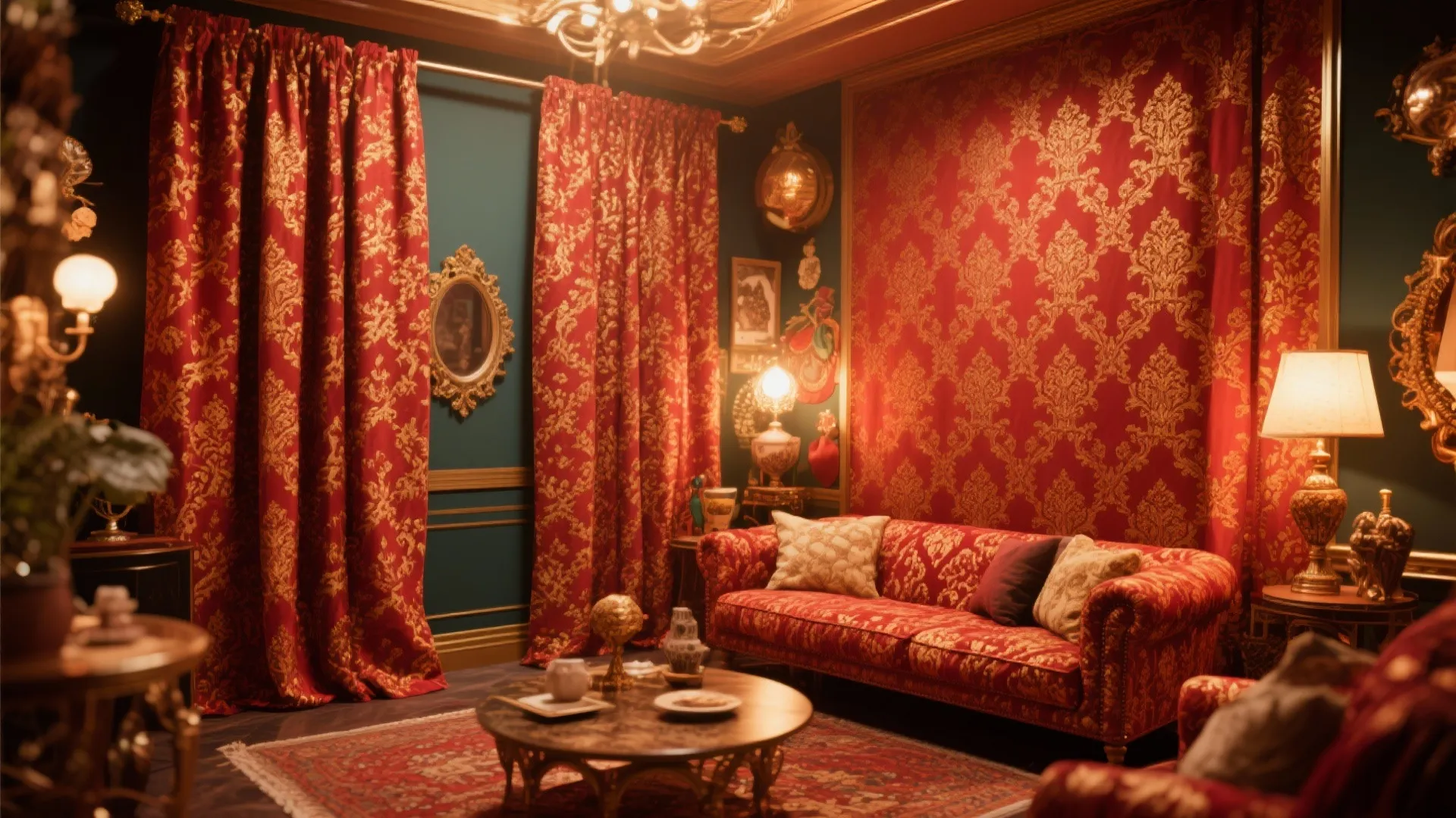 4. Patterned Red Curtains with Gold Accents