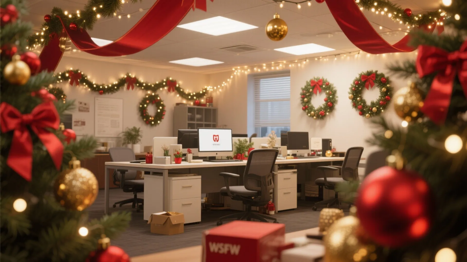 Office workspace decorated for Christmas with red ribbons gold balls green wreaths and string lights
