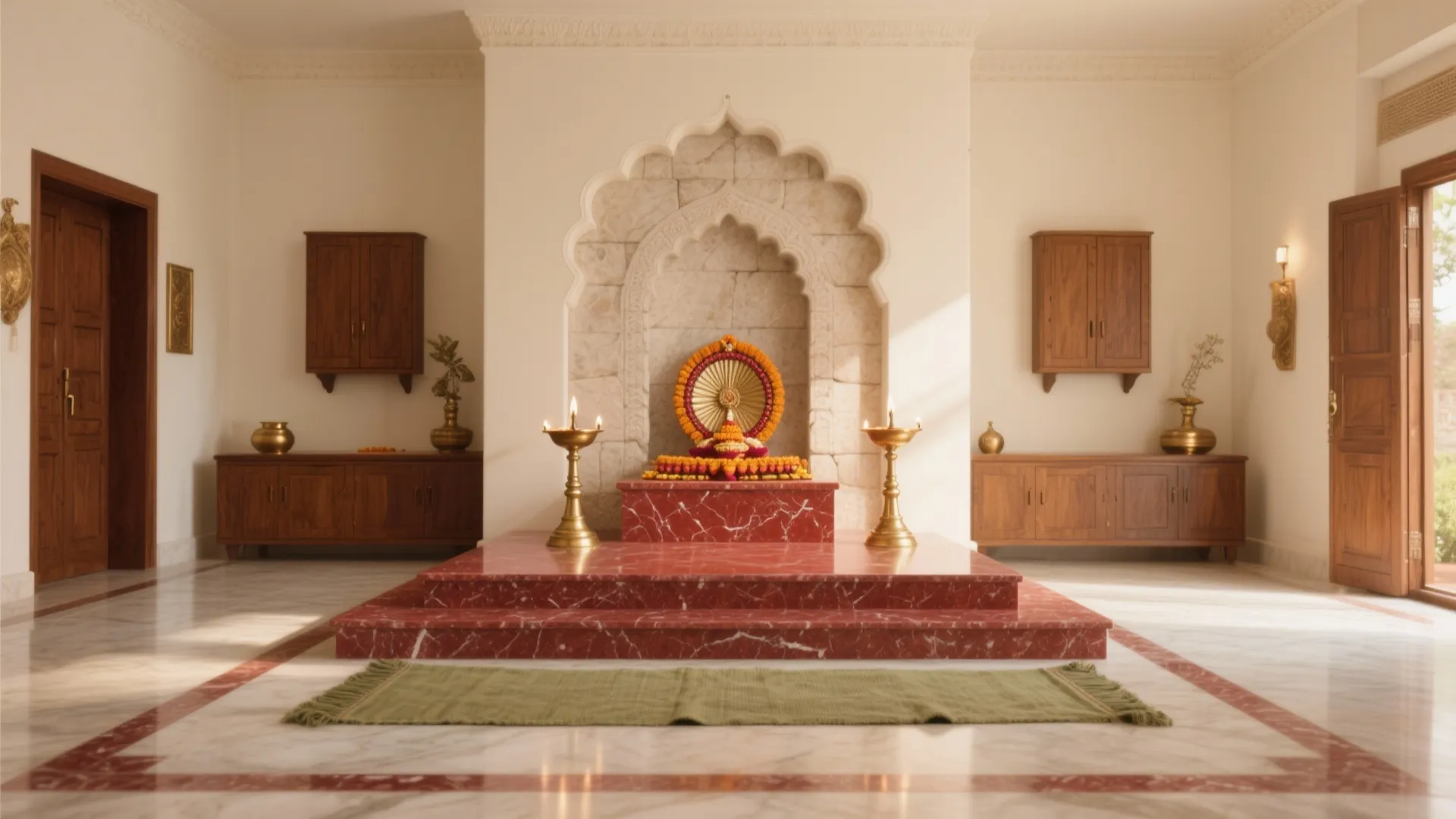 Traditional prayer room design with red stone platform wooden cabinets white walls and bright natural light