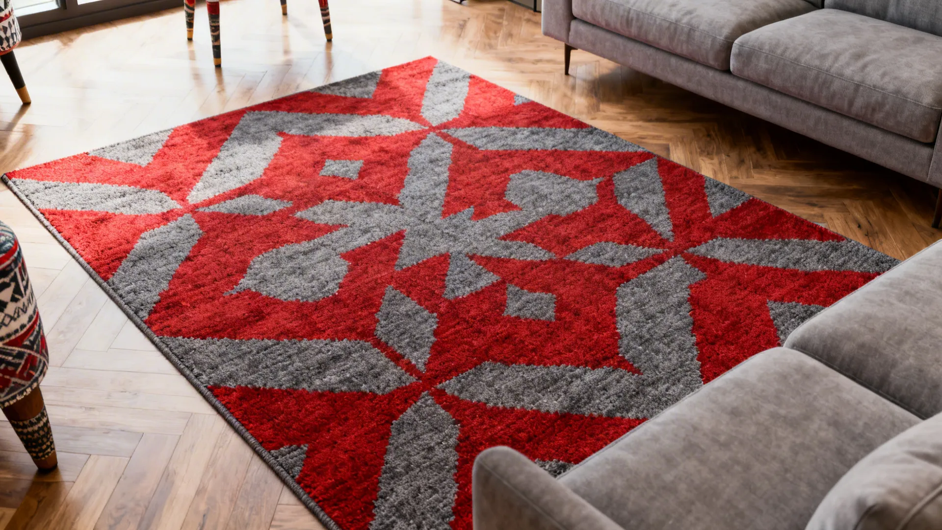 4. Graphic Red-and-Gray Patterned Rug