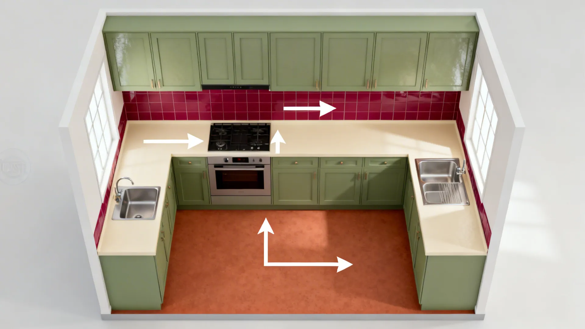 Top-down kitchen plan showing red-and-green color zones with neutral counters.