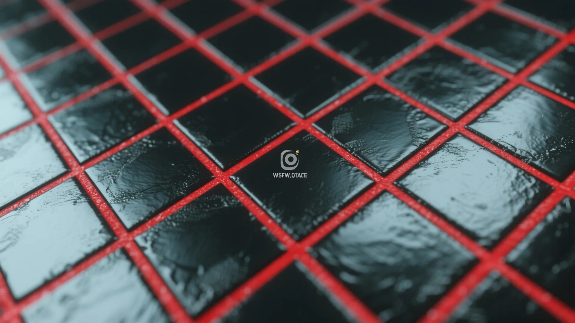 Close up view of square black wall tiles with bright red grout lines in a bathroom