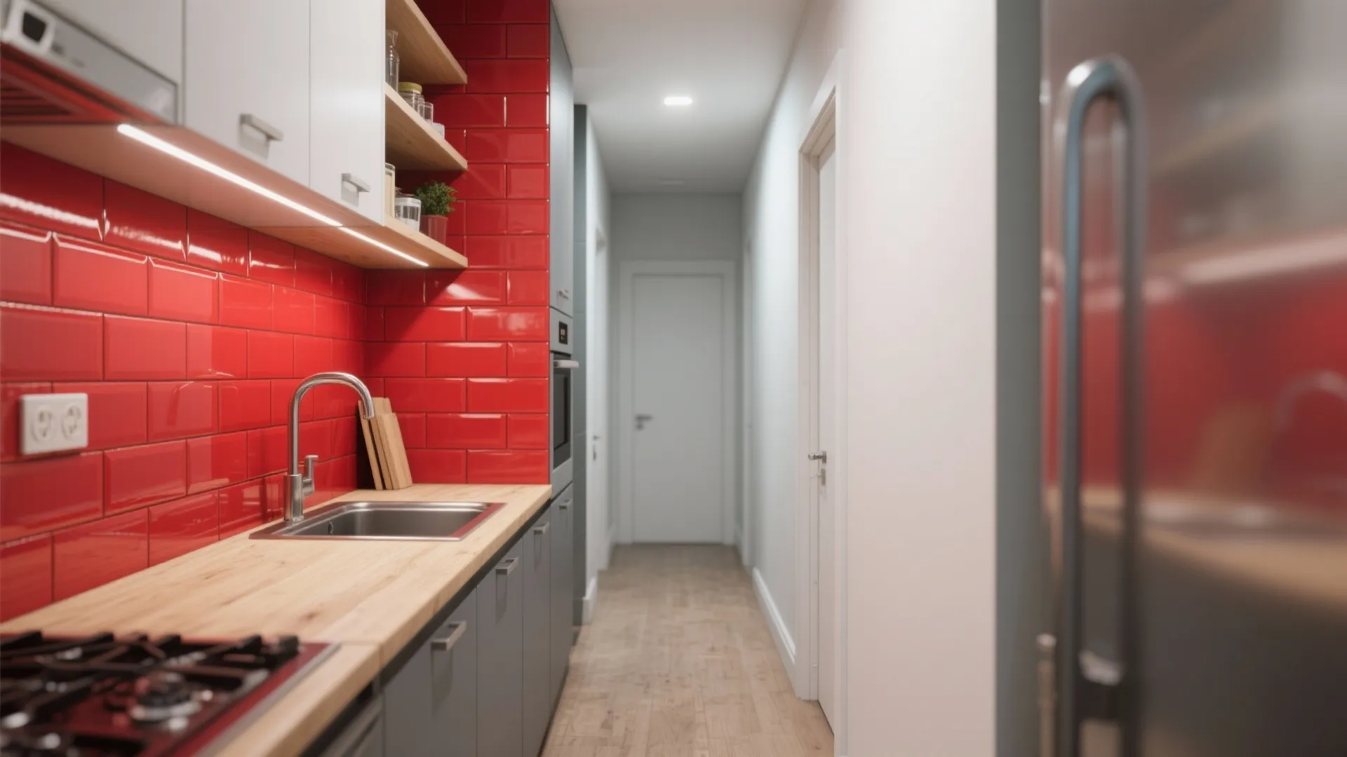3. Red in Narrow Spaces: Hallways and Kitchens