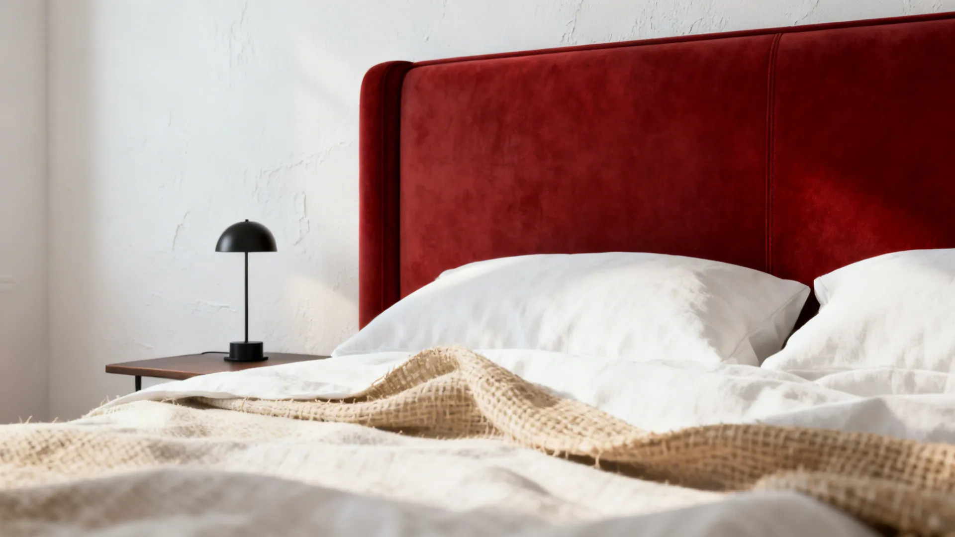 Close-up of a matte red headboard, white linen bedding and a small black lamp base.