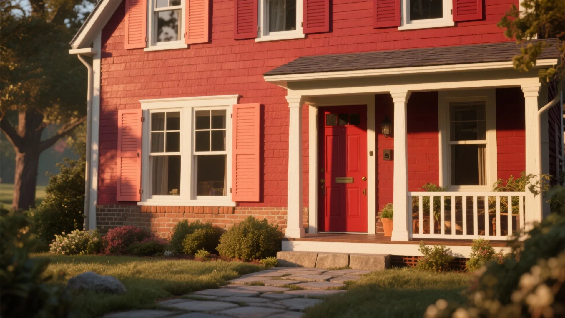 Traditional red house with white trim and front porch including a stone walkway and garden