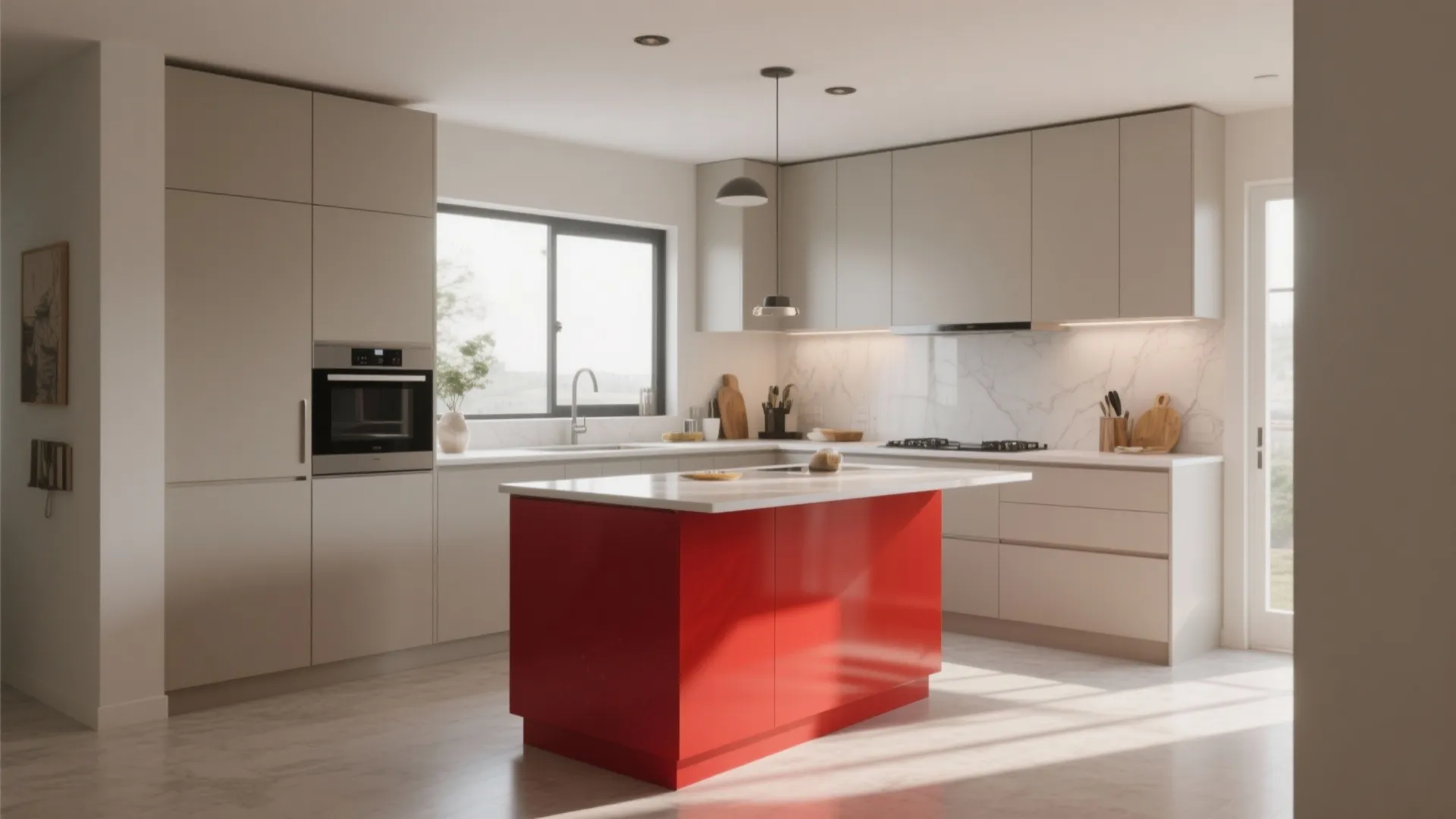Bright minimal kitchen featuring grey cabinets a bold red island white marble backsplash and natural light