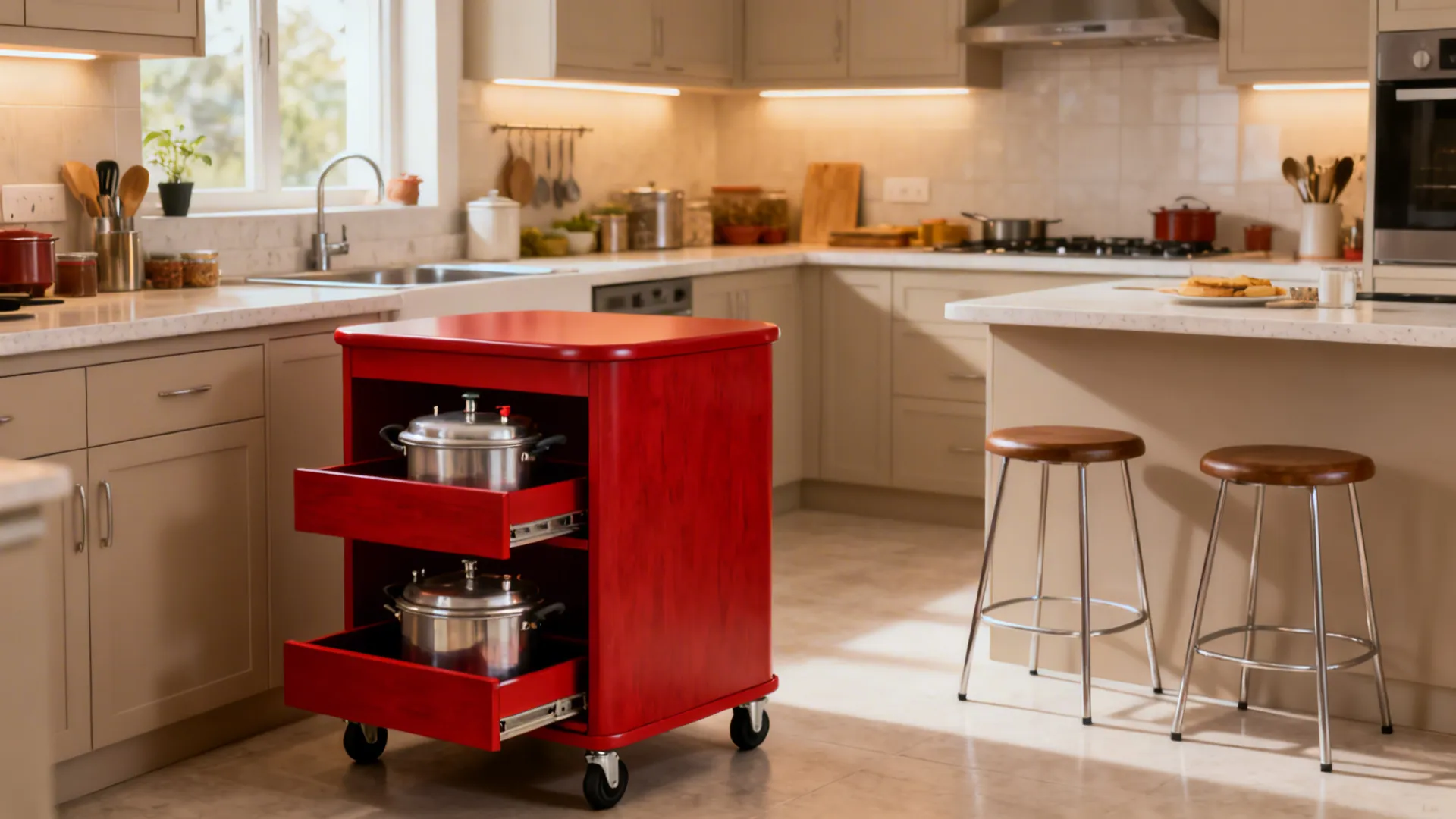 Red Islands in Tiny Kitchens: Compact and Functional