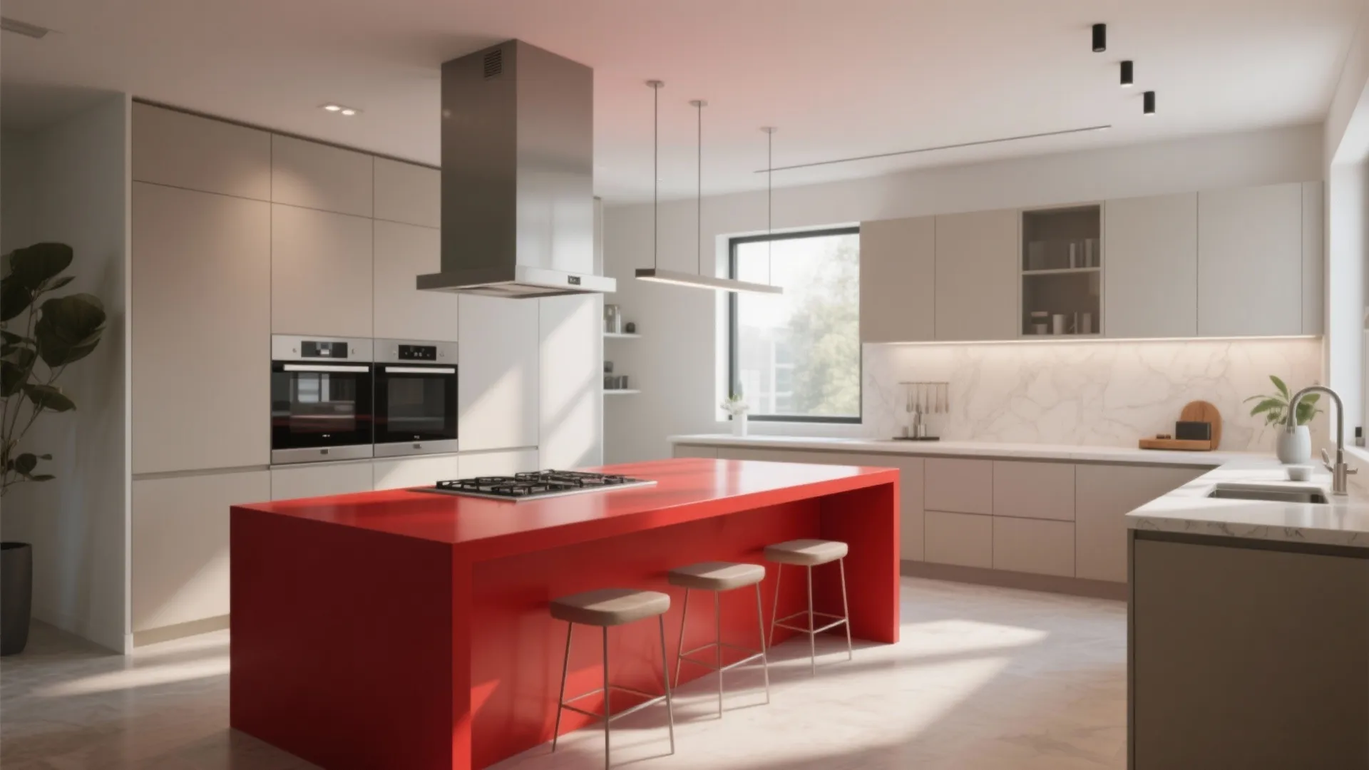 Modern kitchen with bright red island bar stools white cabinets built in oven and natural light