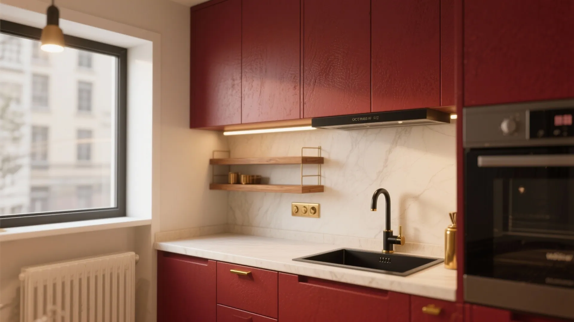 Small kitchen with deep-red cabinets, warm brass hardware and pale countertops in a compact layout.