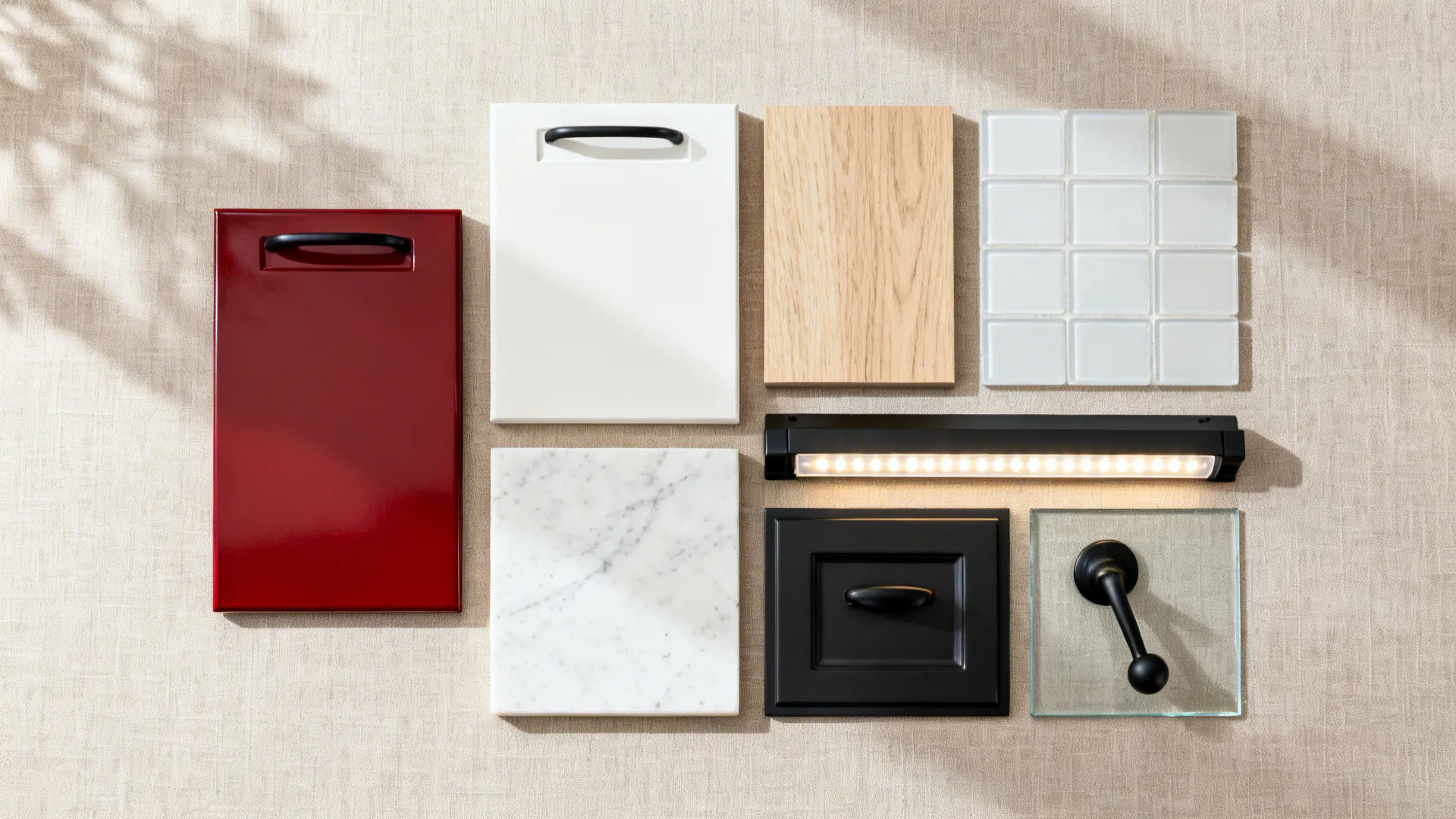 Flat lay of cherry red lacquer, oak, quartz, satin glass, and black hardware samples.