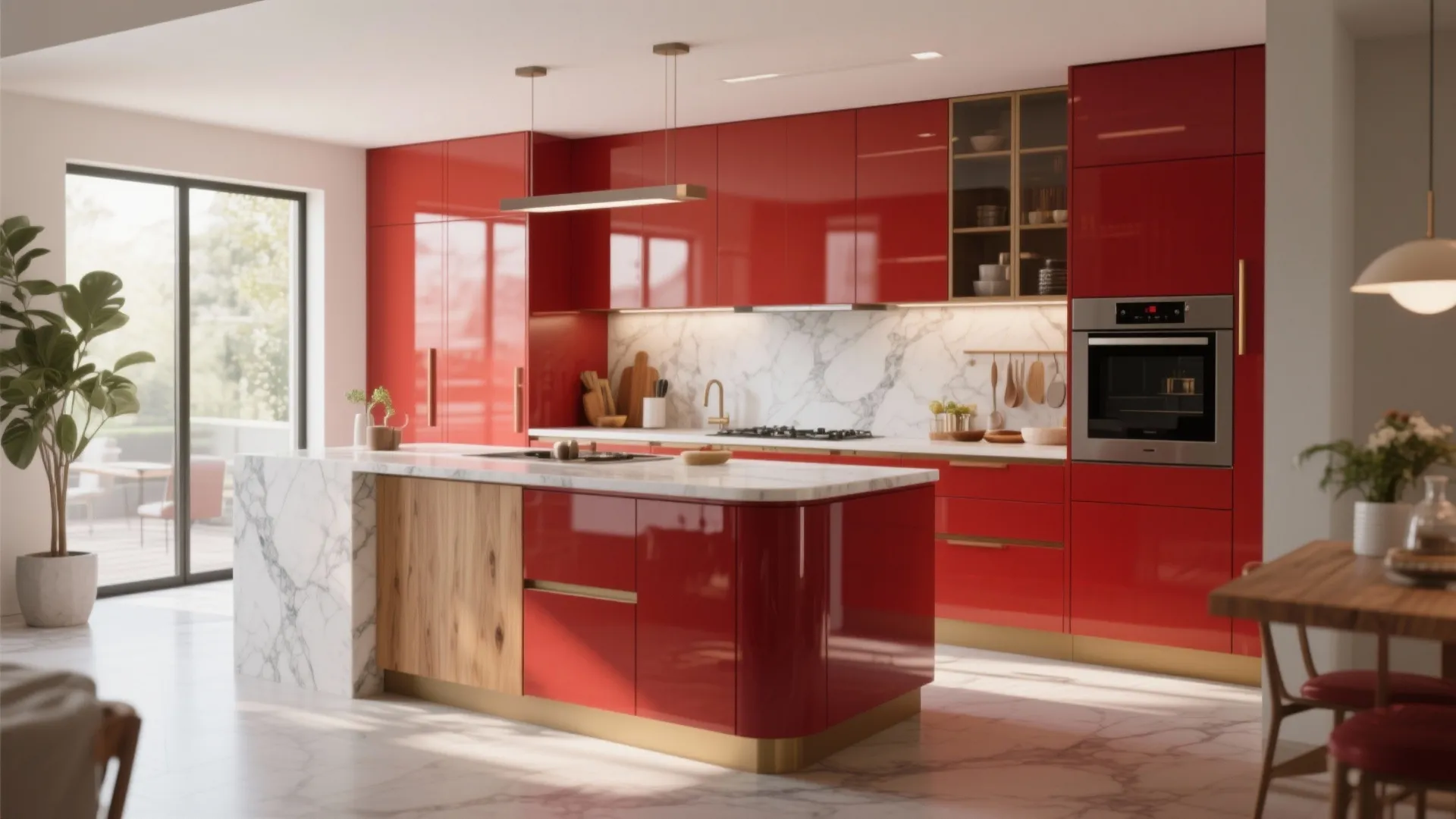 Modern kitchen with glossy red cabinets marble island gold hardware ceiling light and natural sunlight