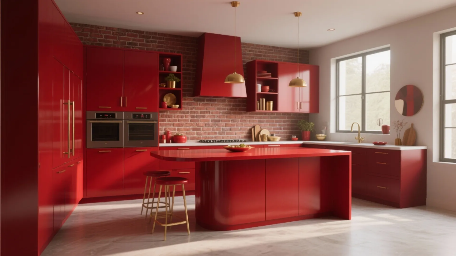 Bright red kitchen with brick wall large island gold ceiling lights and double wall oven setup