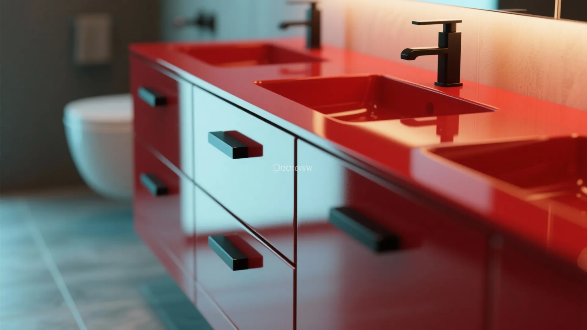 Glossy red bathroom cabinet with double sinks black faucets and drawers in modern interior design