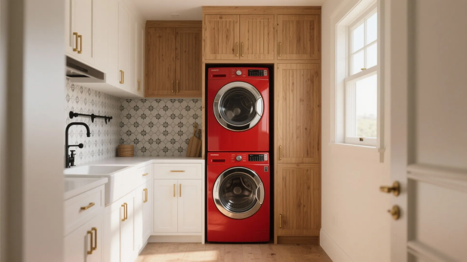 Modern laundry room with stacked red washing machines white cabinets wooden pantry and a bright window