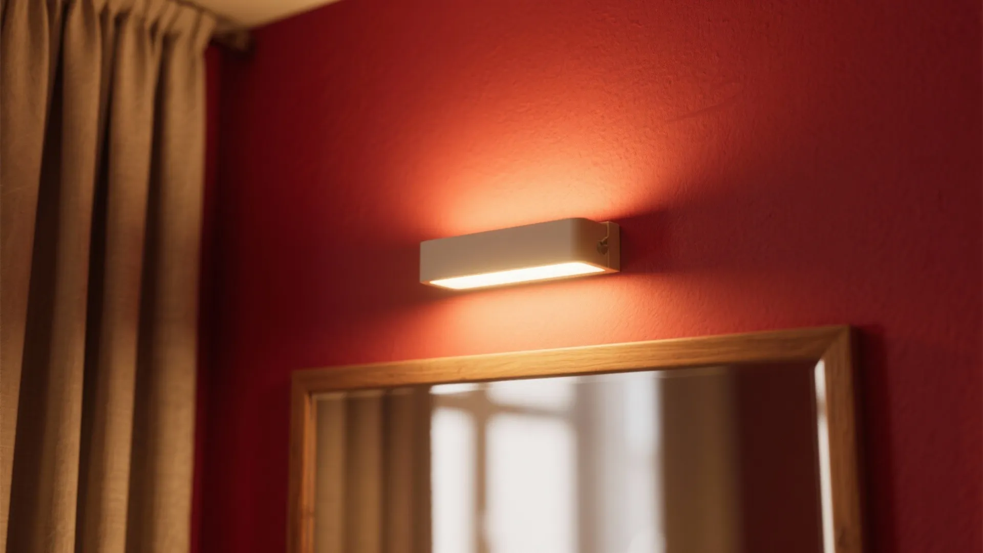 Close-up of warm LED light softening a matte red wall, with mirror reflection and wood trim highlights.