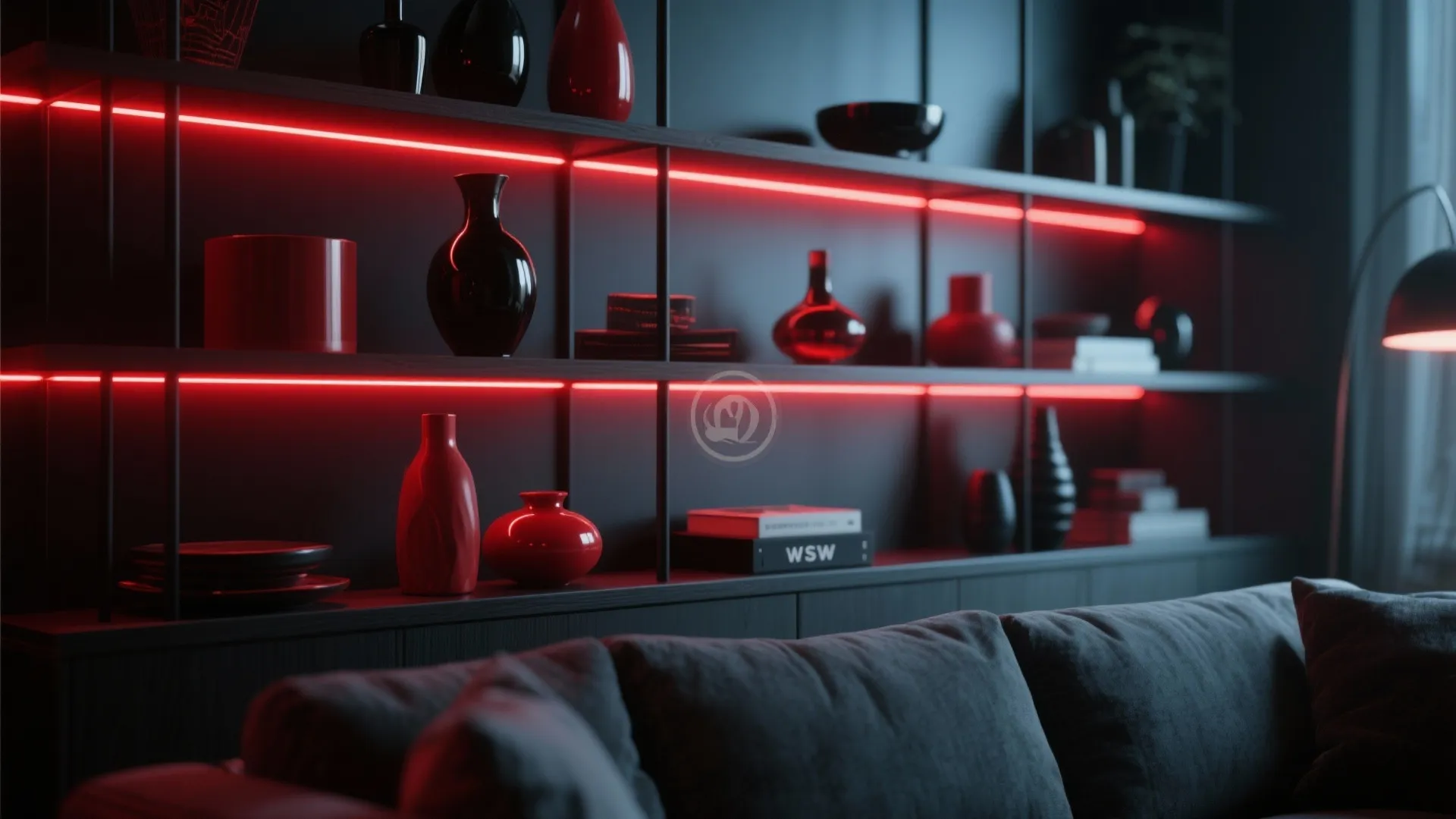 Modern black shelf with red strip lights, red vases, books, and a grey sofa nearby