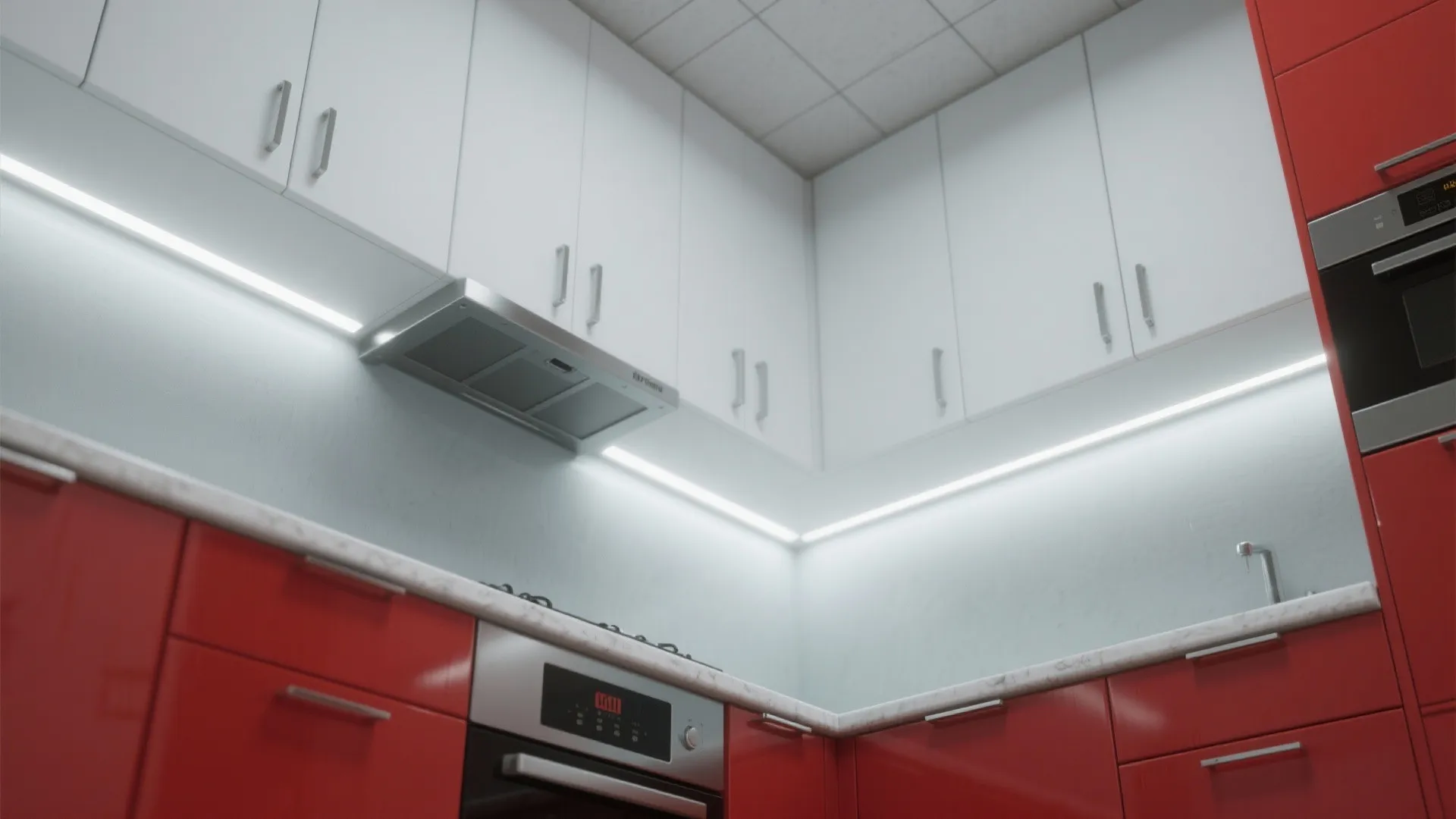 2. Red Lower Cabinets + Neutral Upper Cabinets