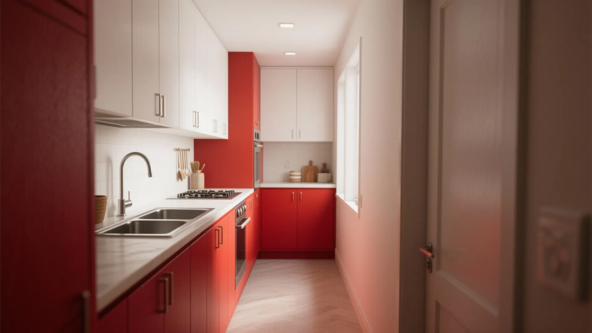 1. Red Lower Cabinets + White Upper Cabinets