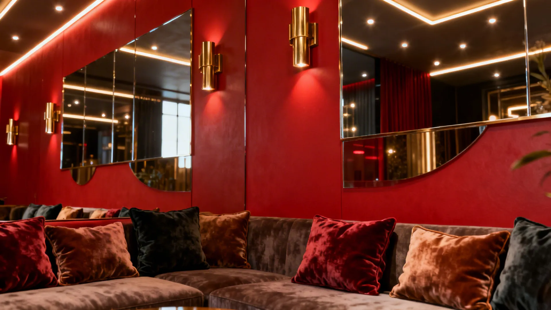 Red wall paired with brass fixtures, mirrored surface and velvet cushions