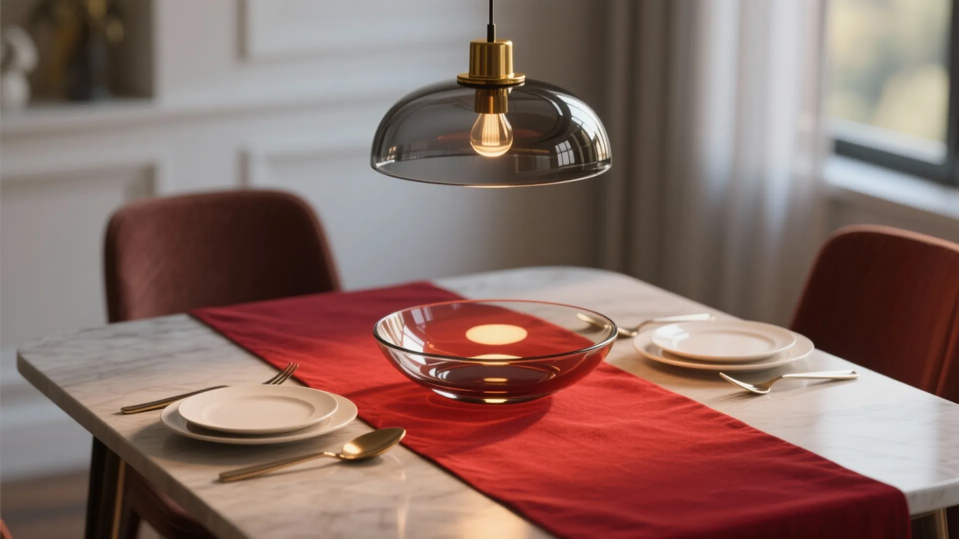 Dining table with a red cloth runner white plates gold cutlery and glass ceiling light