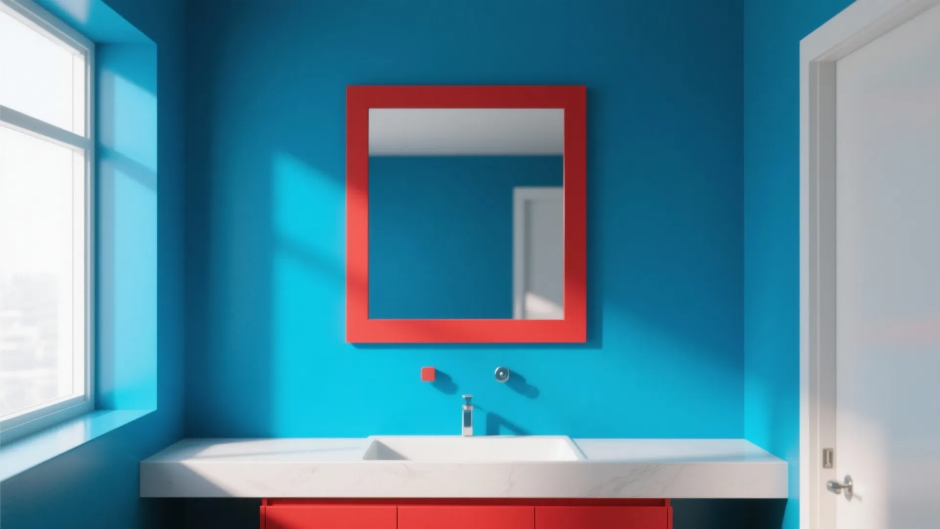 Tip 7: Red Framed Mirror on Blue Feature Wall