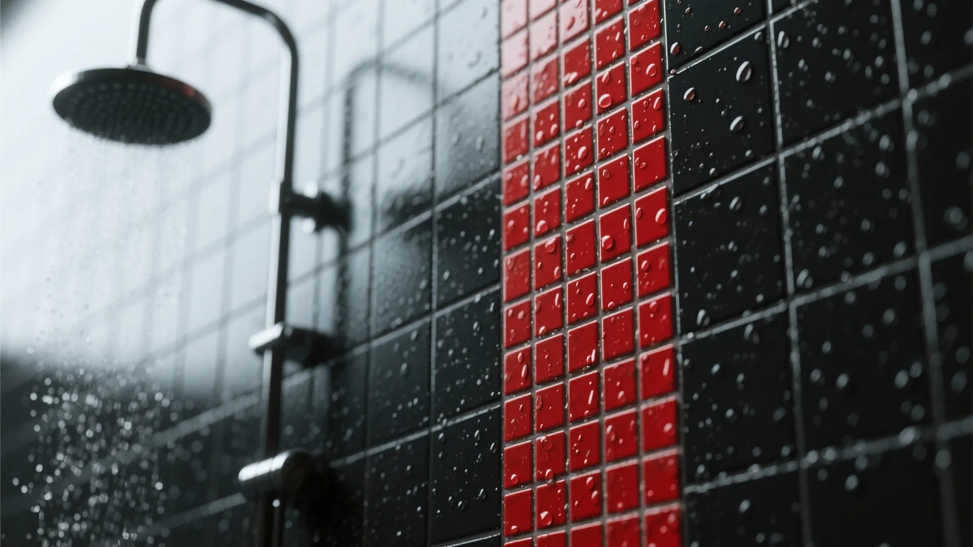 Close up of black wall tiles with a vertical red mosaic strip and water drops