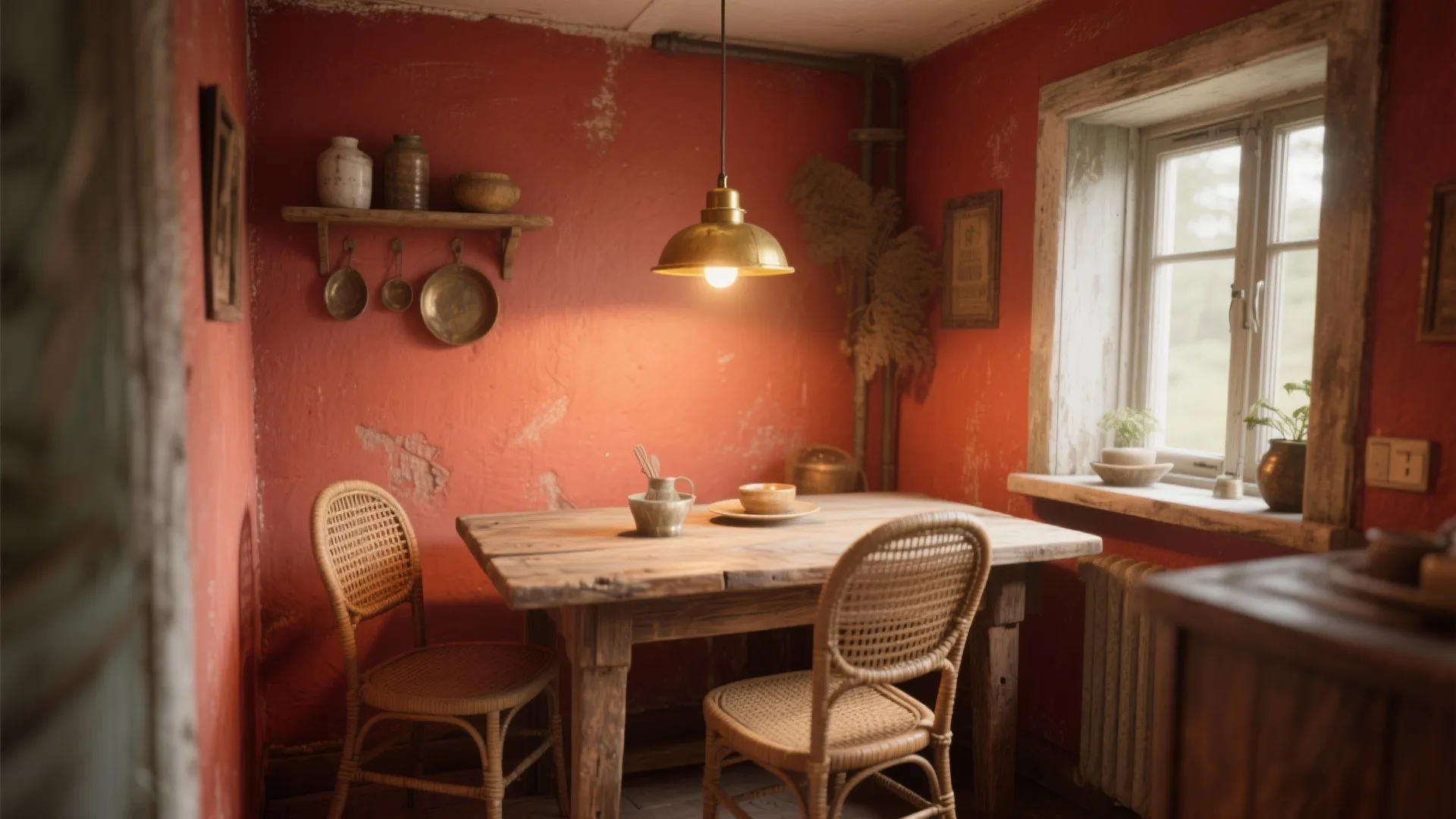 Red wall dining room with wooden table, two wicker chairs, brass ceiling light, and window
