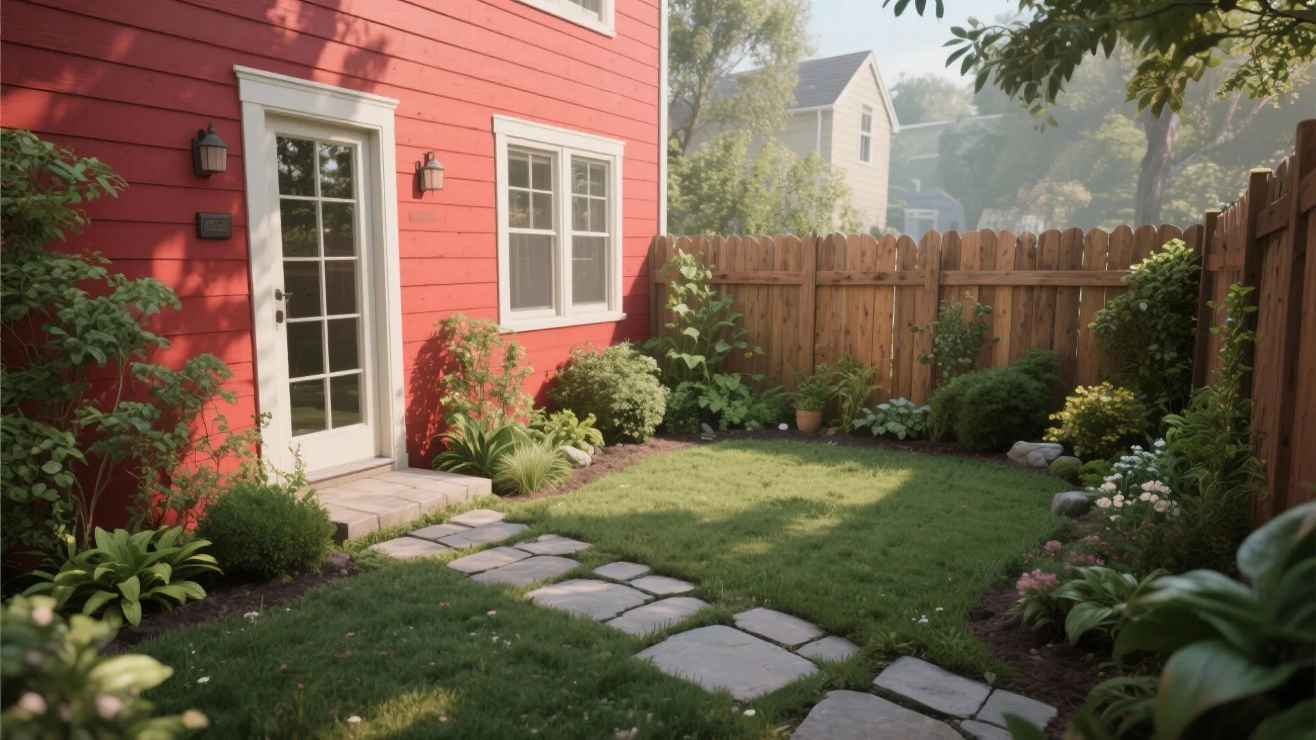 5. Red with Natural Accents for Small Yards