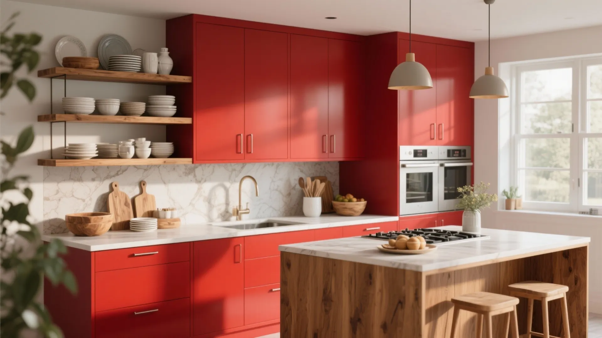 Bright kitchen with red cabinets wooden island open shelving marble walls and two grey hanging lights