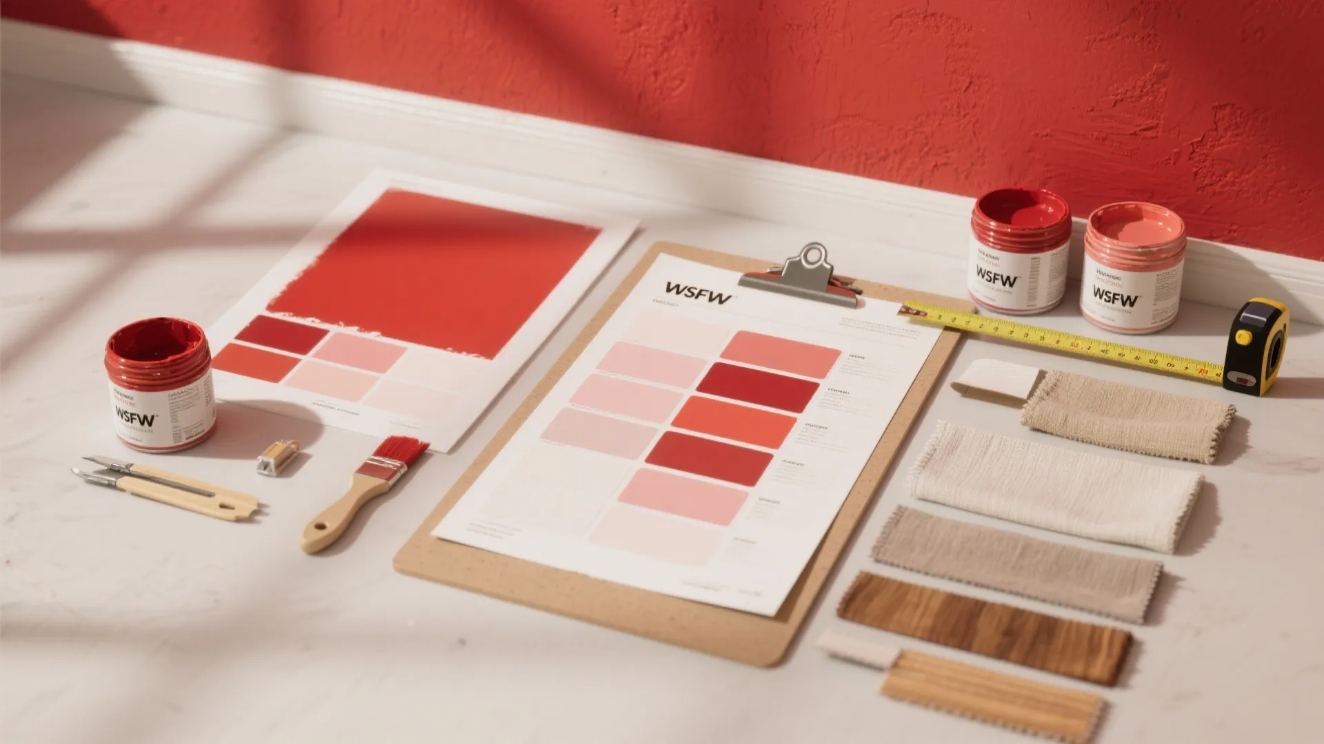 Interior design tools including red paint cans color swatches brush and wooden floor material samples