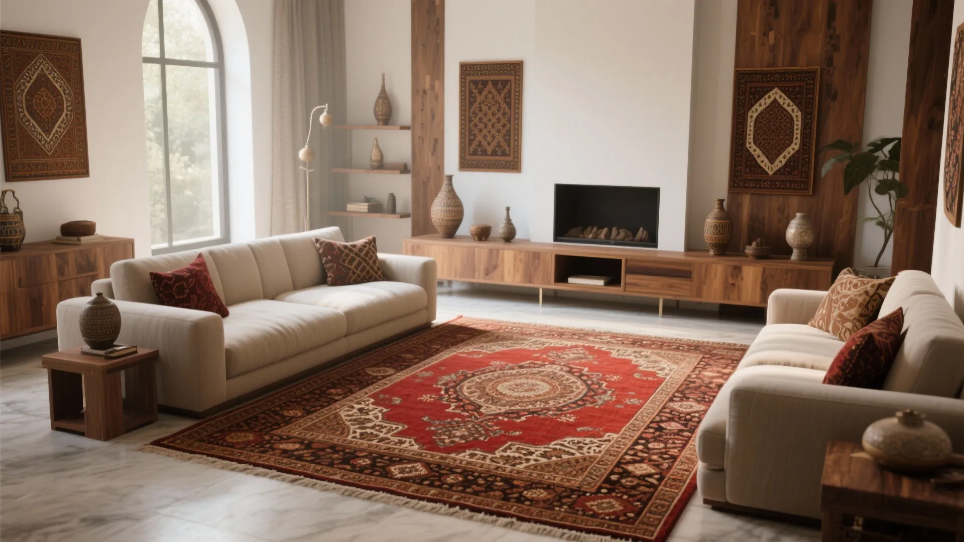 3. Red Patterned Rug for Visual Focus