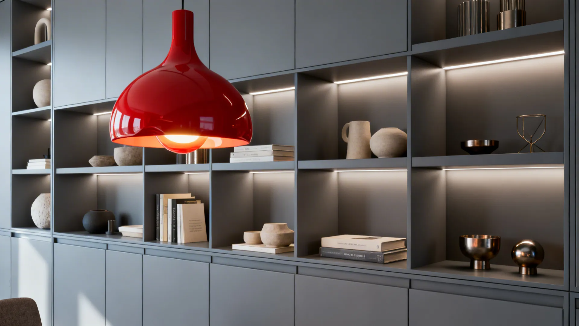 5. Accent Red Lighting and Gray Built-ins