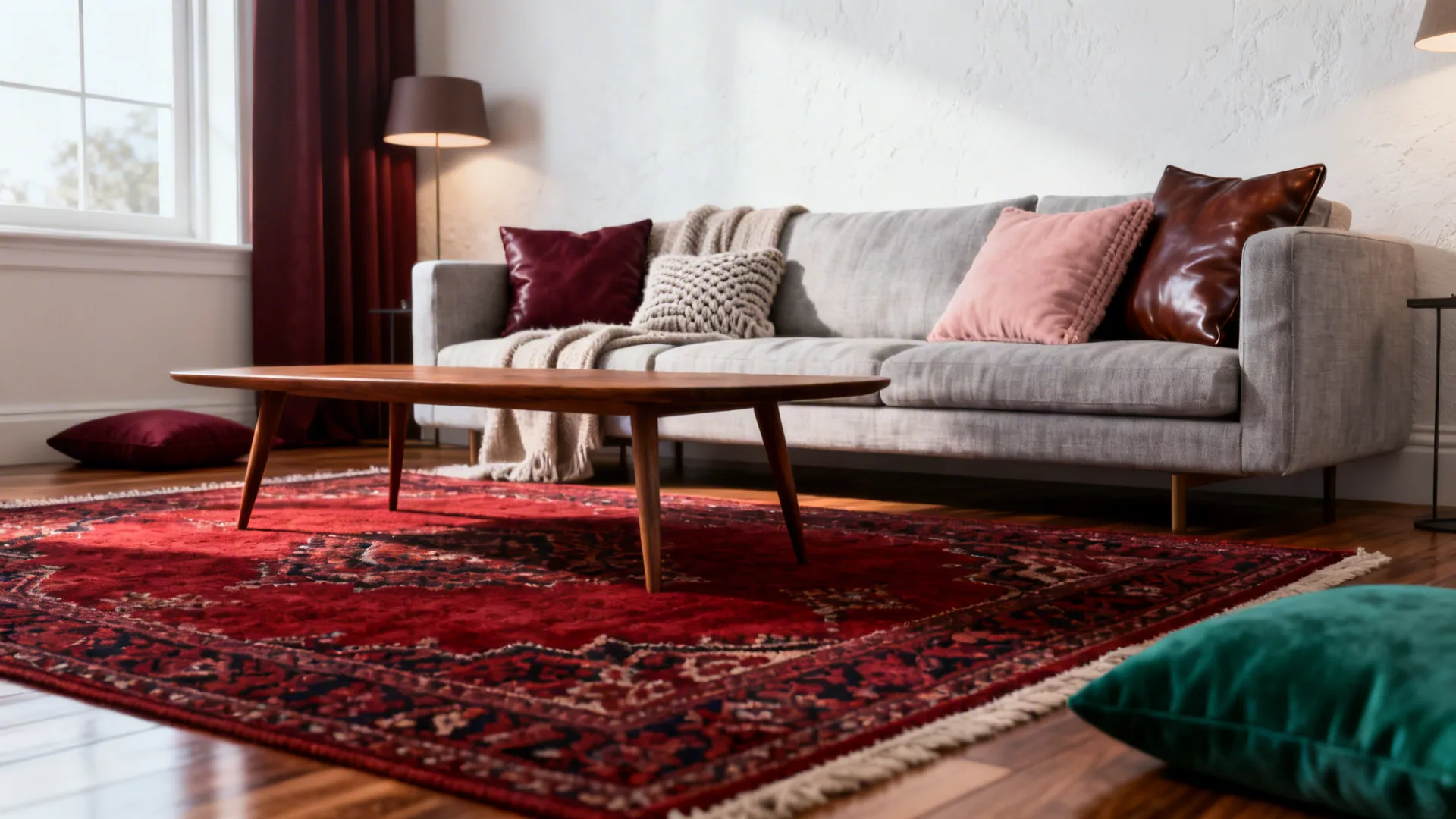 Cozy living room with red rug wooden coffee table grey sofa and colorful throw pillows