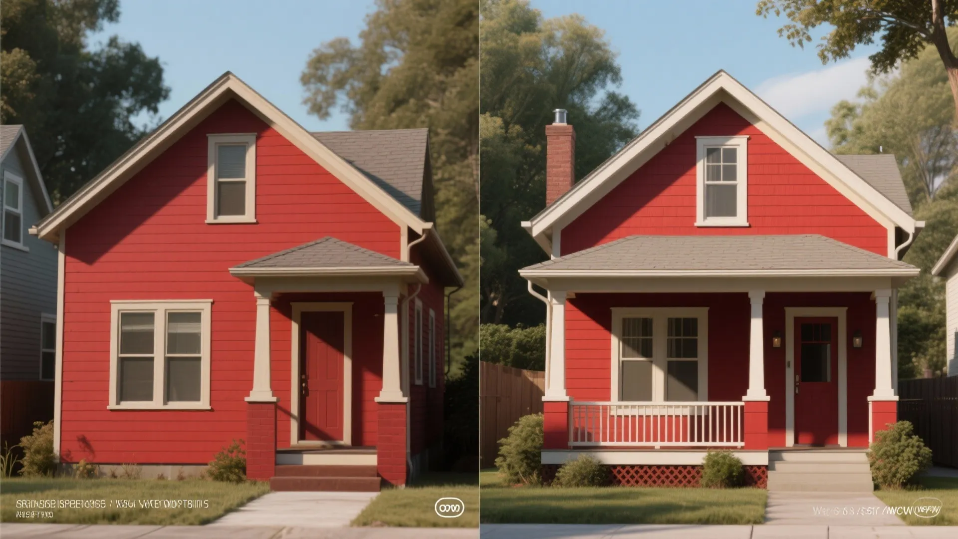 Split before-and-after of a small red house facade showing the visual effect of adding complementary trim and architectural breaks.